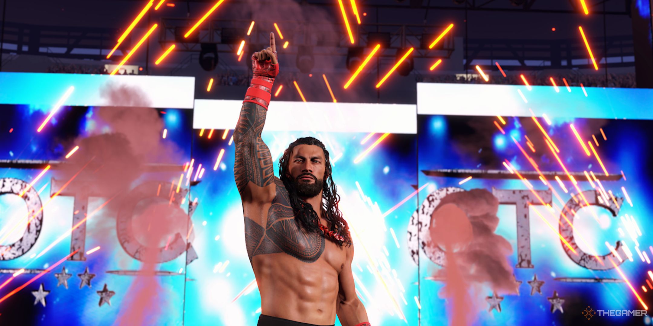 WWE 2K25 screenshot of Roman Reigns putting his finger in the air with pyro going off behind him.