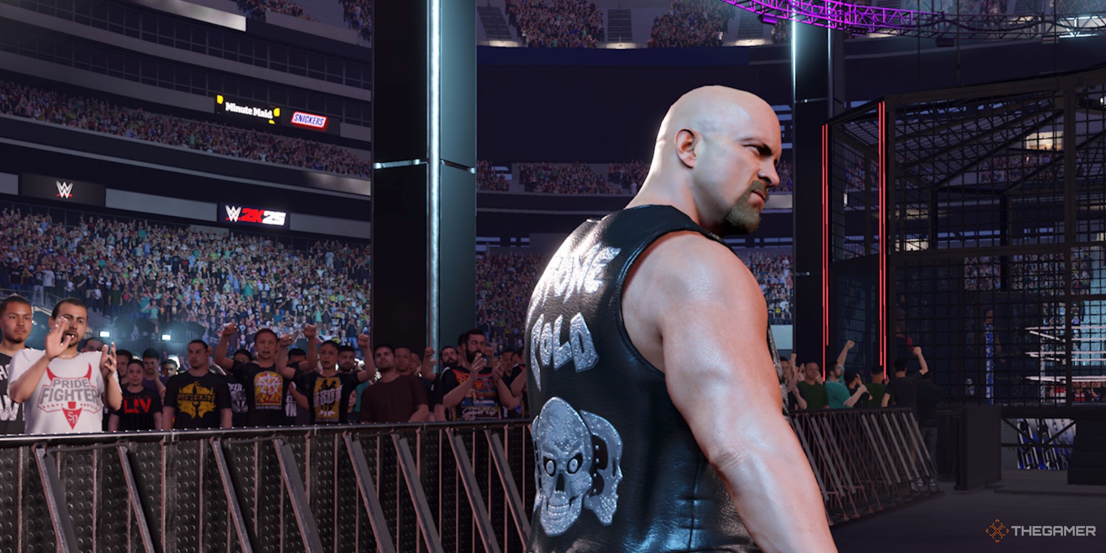 WWE 2K25 screenshot of Stone Cold Steve Austin walking down to the Elimination Chamber.