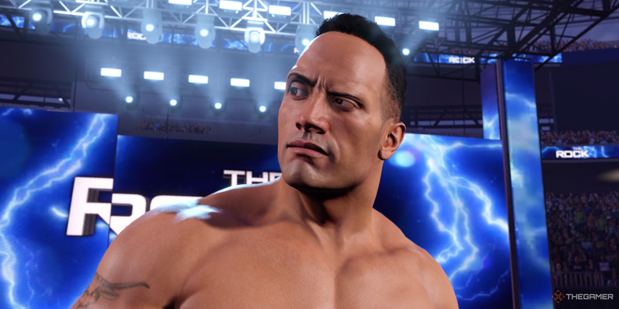 WWE 2K25 screenshot of The Rock 01 raising his eyebrow.