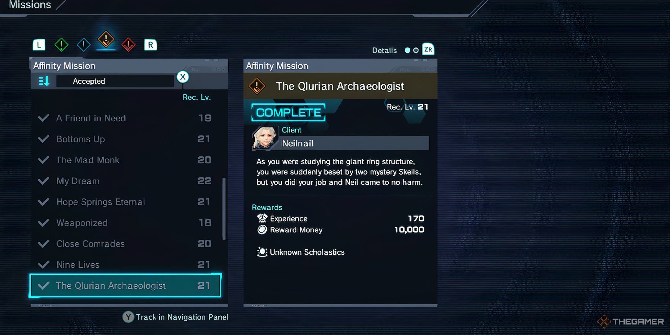 A screenshot of the mission information for Neilnail's affinity quest in Xenoblade Chronicles X: Definitive Edition.