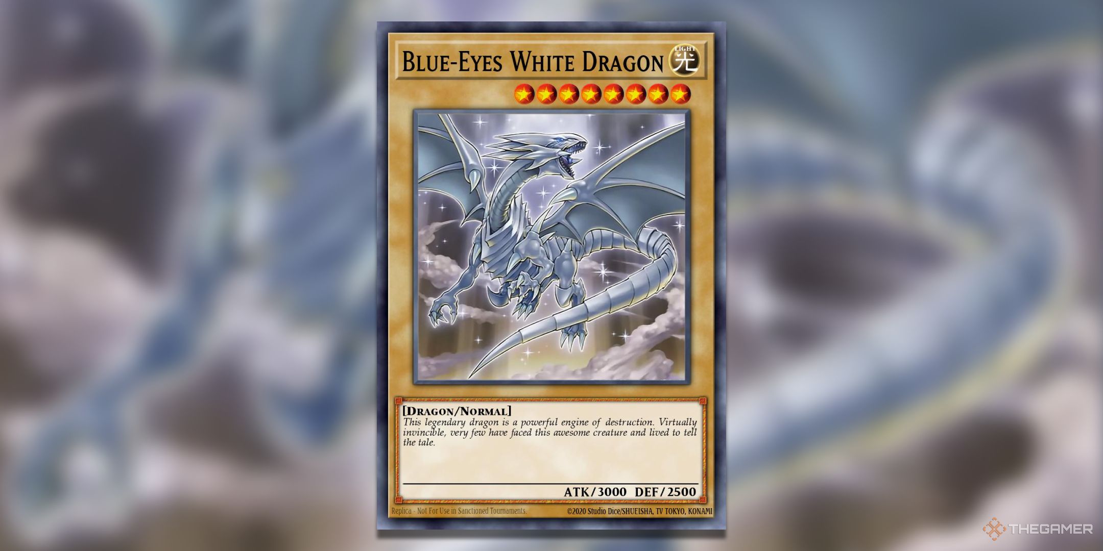 Yu-Gi-Oh! TCG Card Art depicting the Blue-Eyes White Dragon descending from the sky.