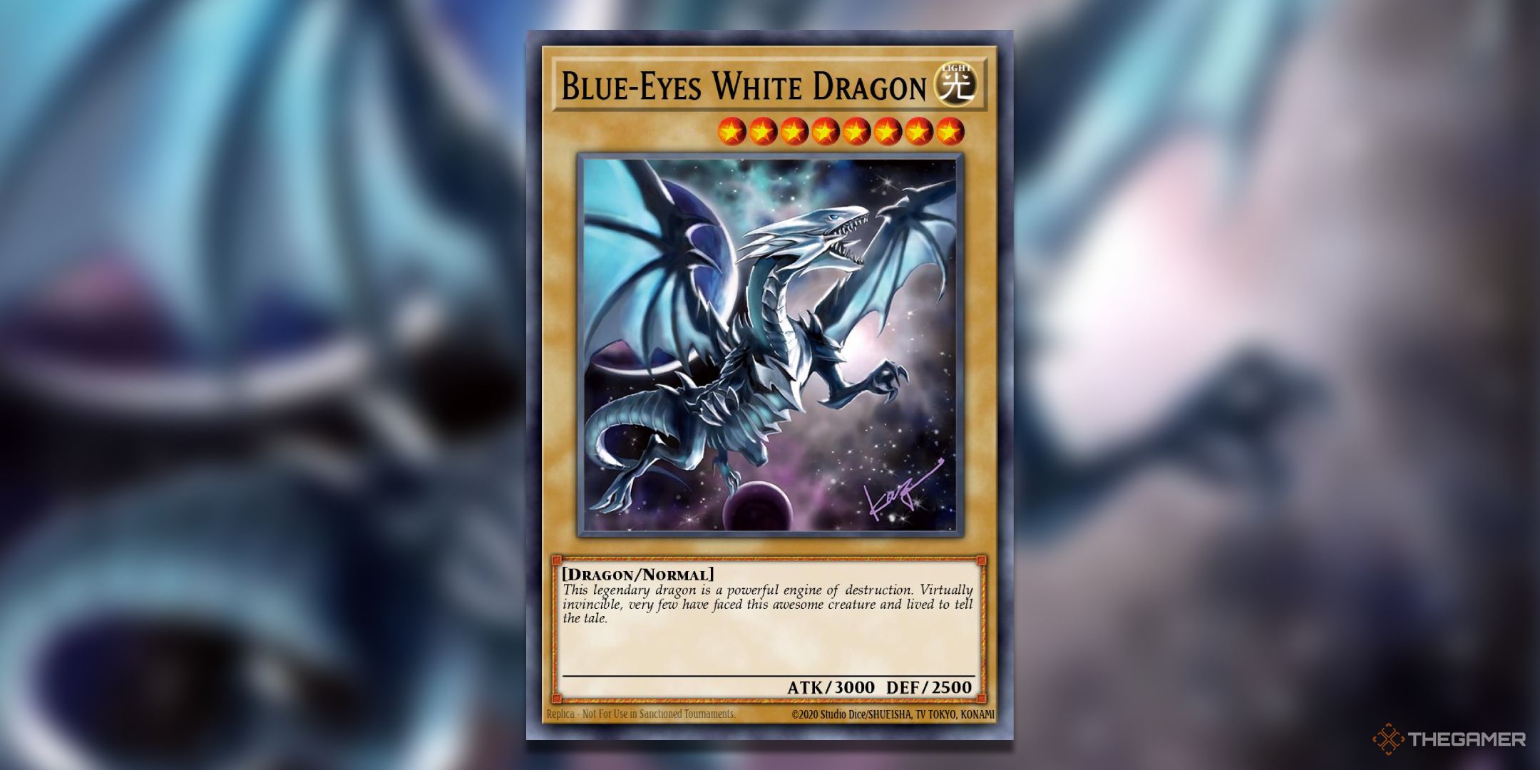 Yu-Gi-Oh! TCG Card Art depicting the Blue-Eyes White Dragon flying through space.