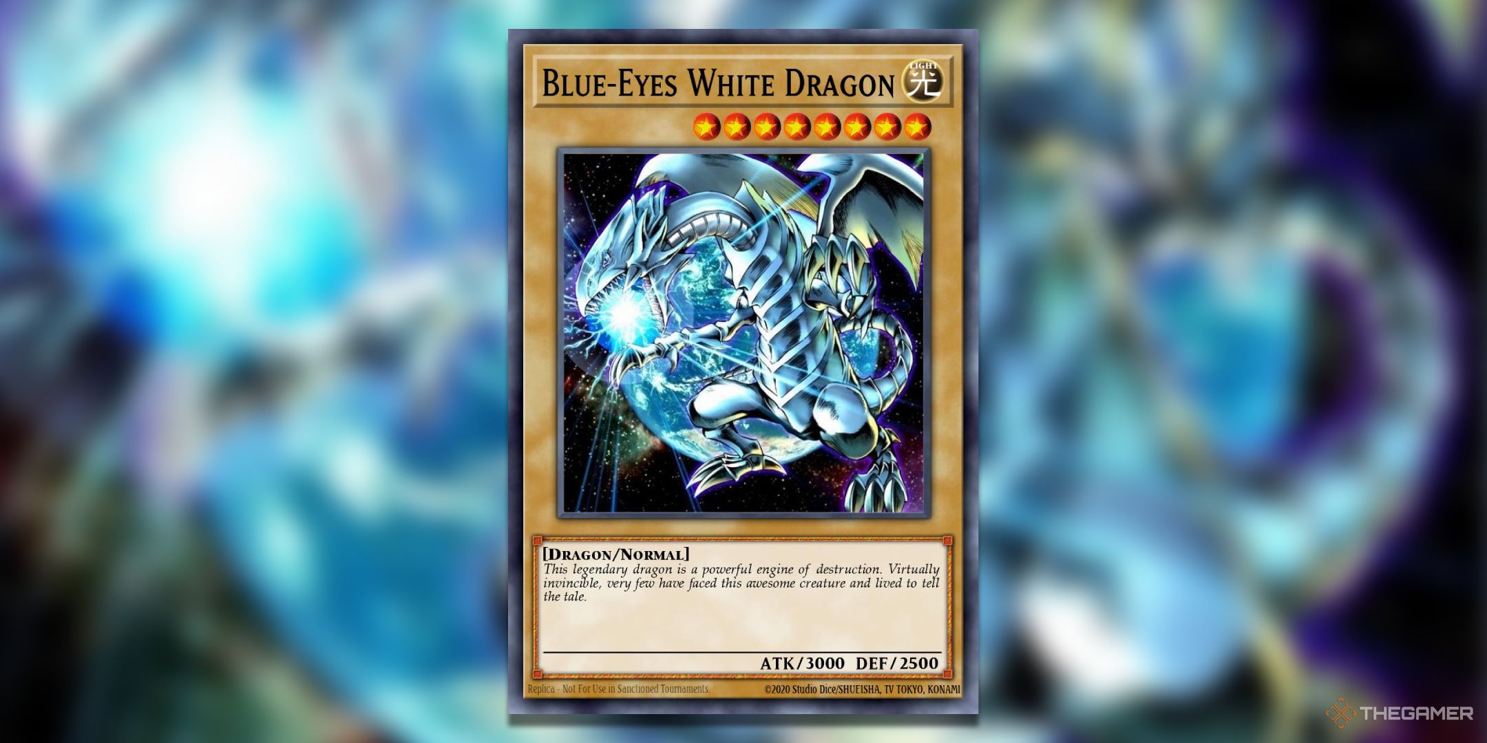 Yu-Gi-Oh! TCG Card Art depicting the Blue-Eyes White Dragon in front of the Earth.