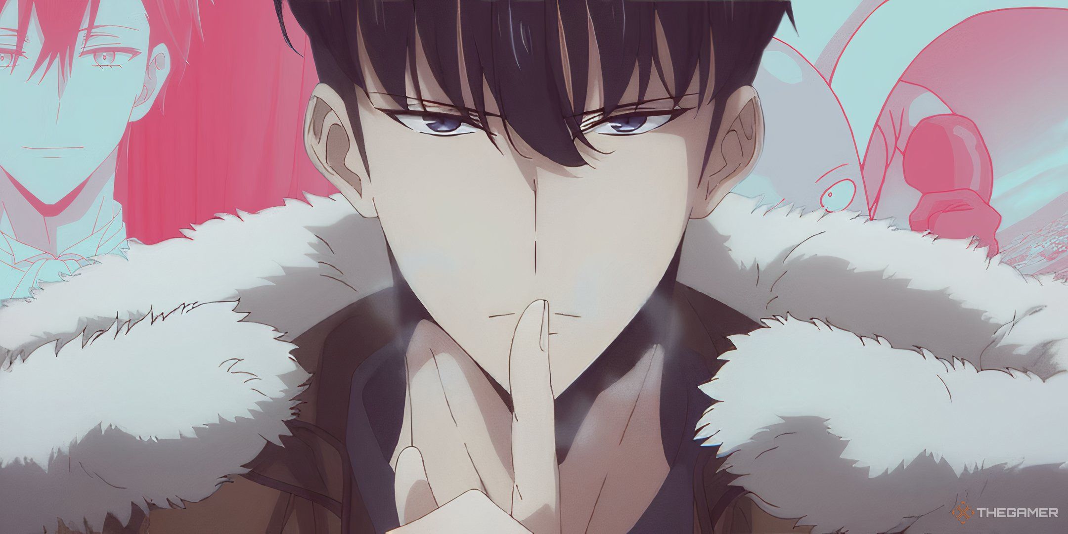 Sung Jinwoo from Solo Leveling putting a finger to his lips, with screenshots from Why Raeliana Ended Up at the Duke's Mansion on the left and Saitama from One-Punch Man on the right.