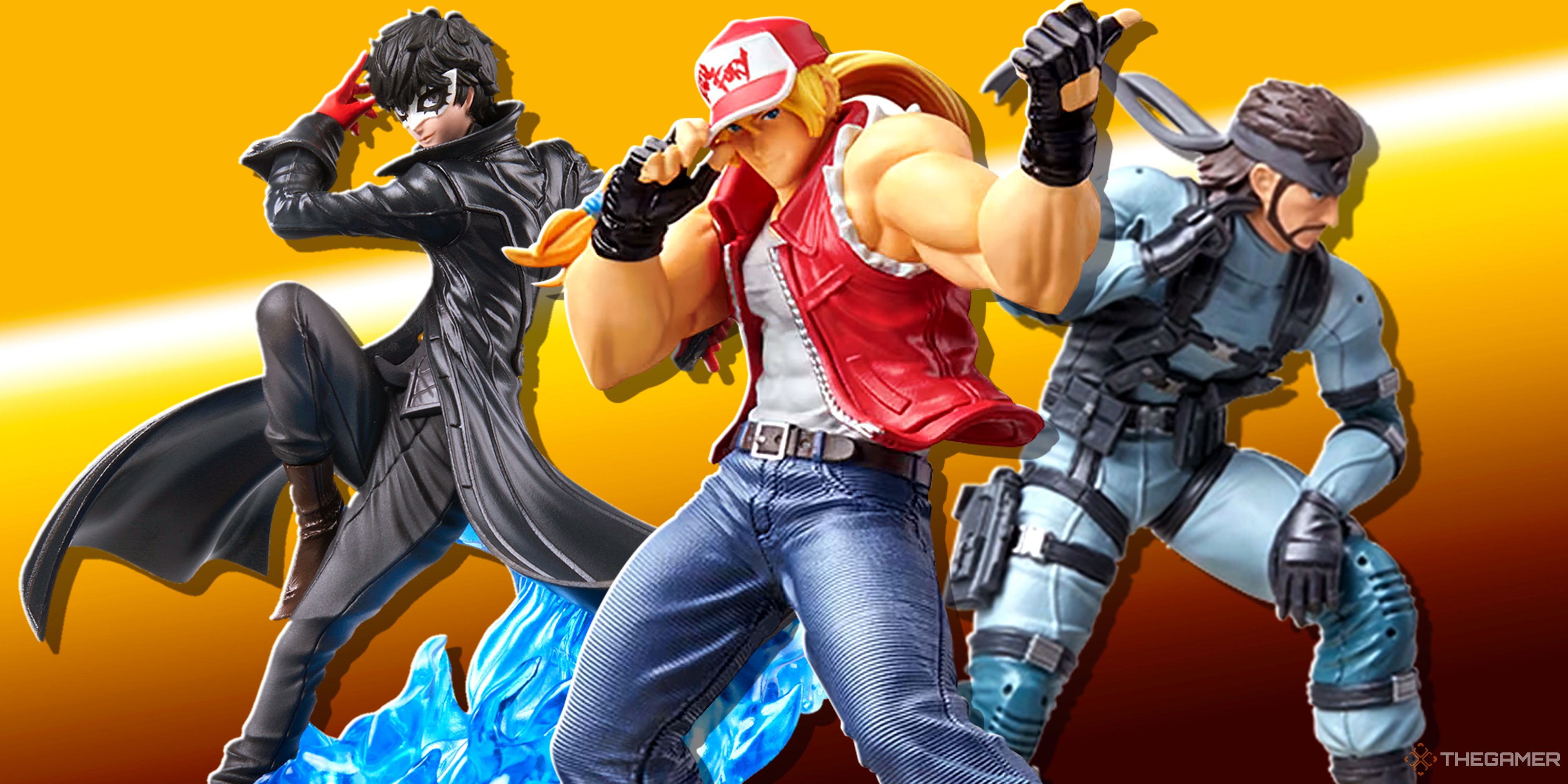 Persona, Street Fighter, and Metal Gear Amiibos over an orange background.