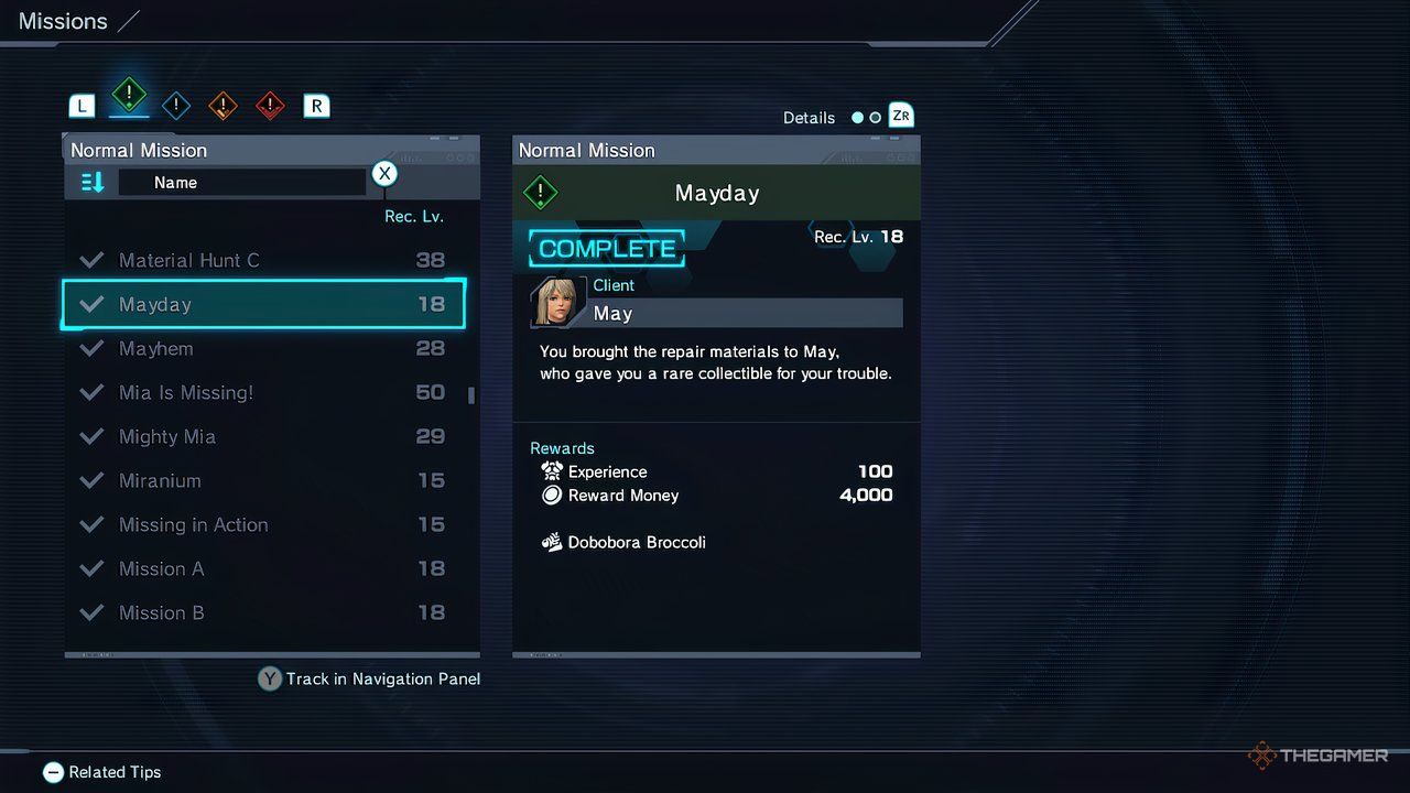The mission information for the normal mission Mayday in Xenoblade Chronicles X: Definitive Edition.