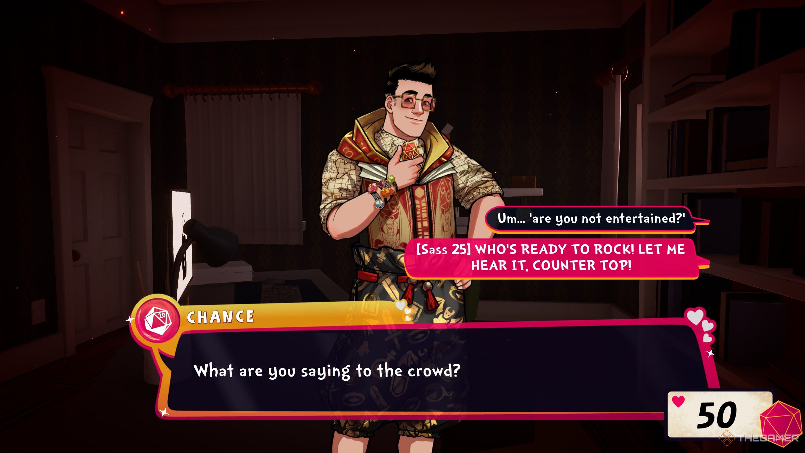 A sass dialogue option with hit points and Chance in Date Everything.
