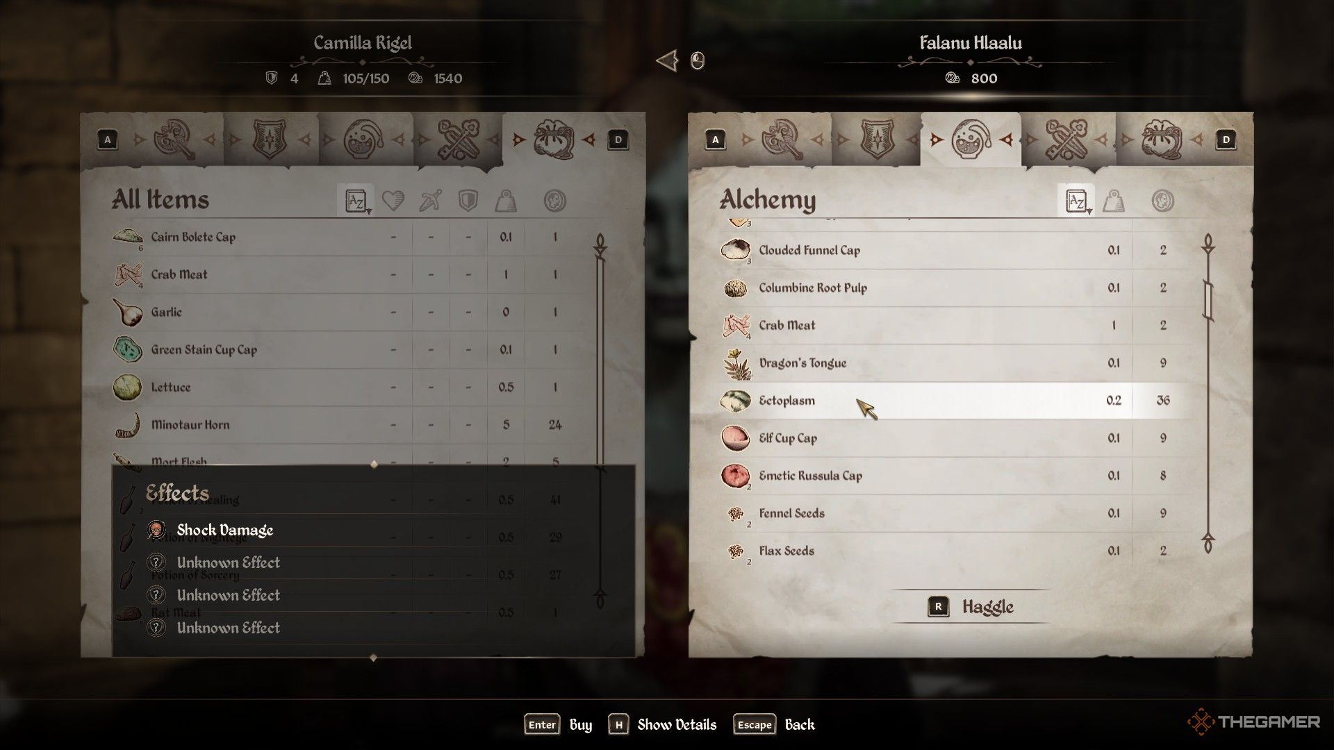Player looks at Ectoplasm sold by a vendor in Oblivion Remastered.