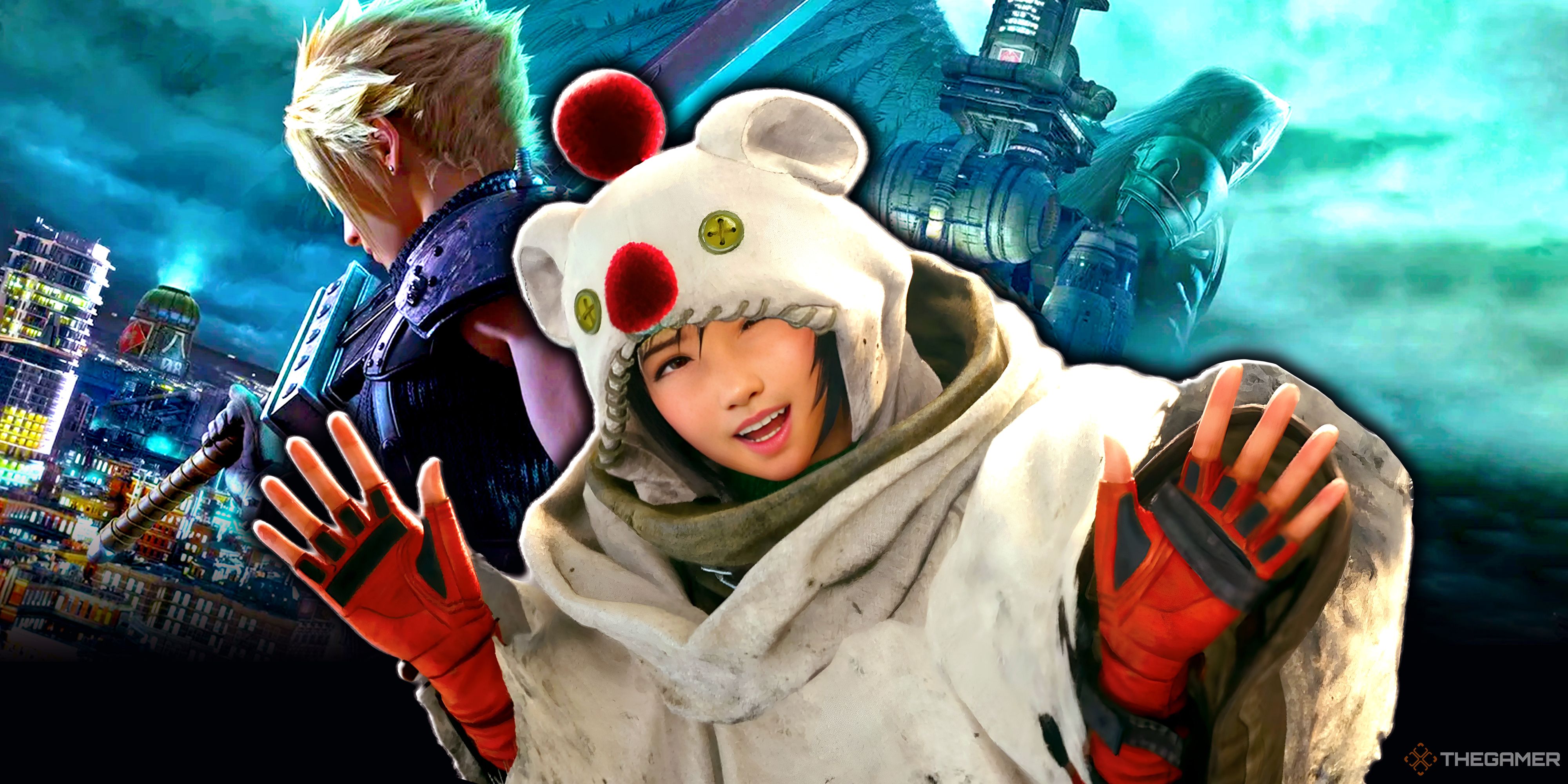 Cloud in Final Fantasy 7 Remake in the background with Yuffie in the foreground.