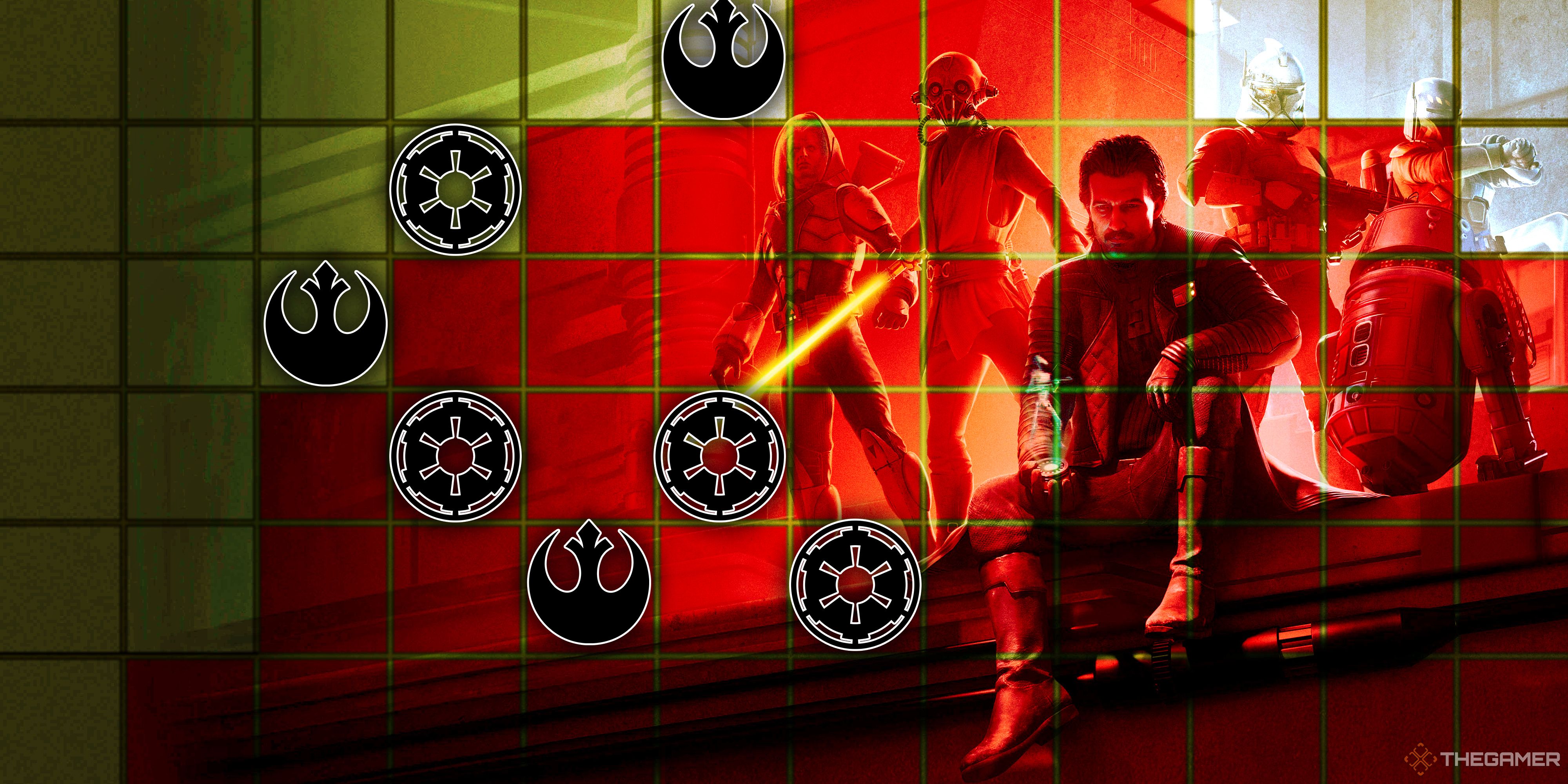 Key art of characters from Star Wars: Zero Company with a chess board and Star Wars symbols superimposed over it.