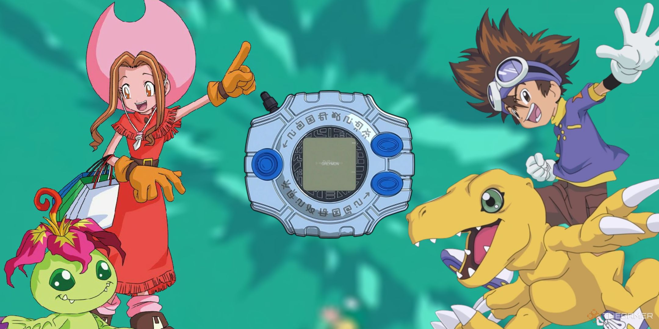 A collage of characters from Digimon Adventure such as Tai and Mimi.