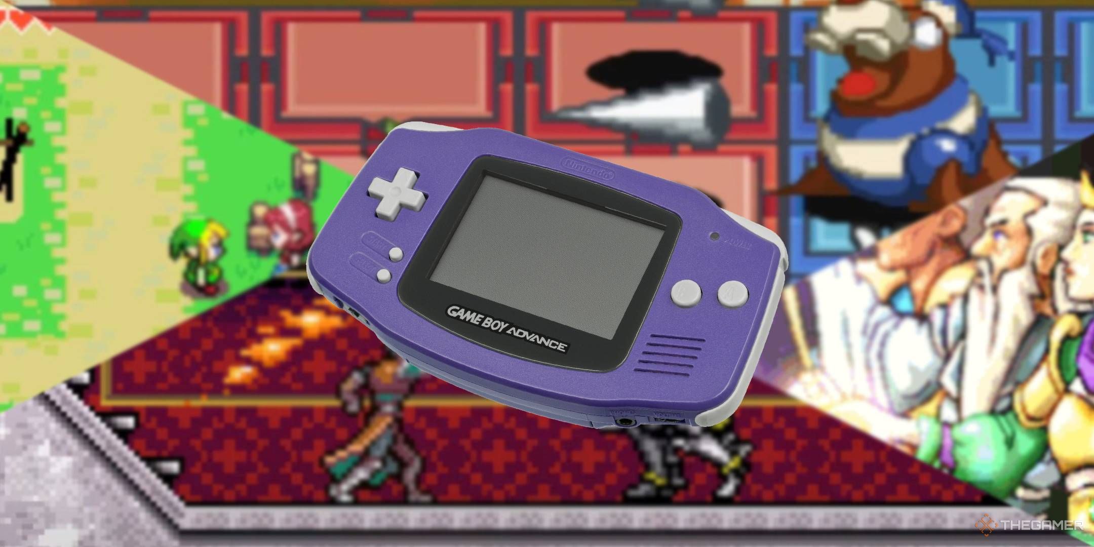 A Game Boy Advance overlaid on a blurred background of its games.