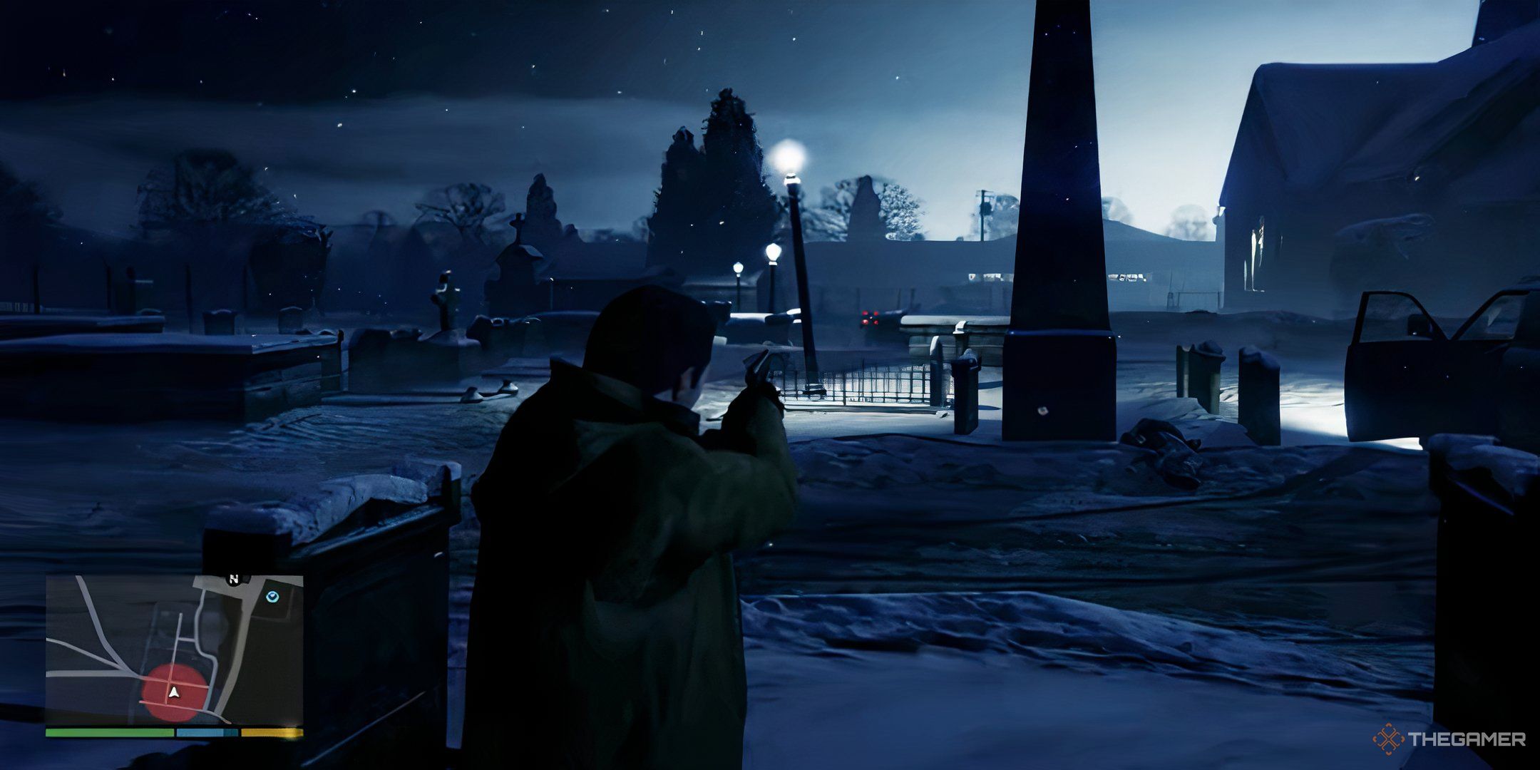 A gameplay screenshot of Grand Theft Auto 5, showing Michael involved in a shootout in North Yankton.