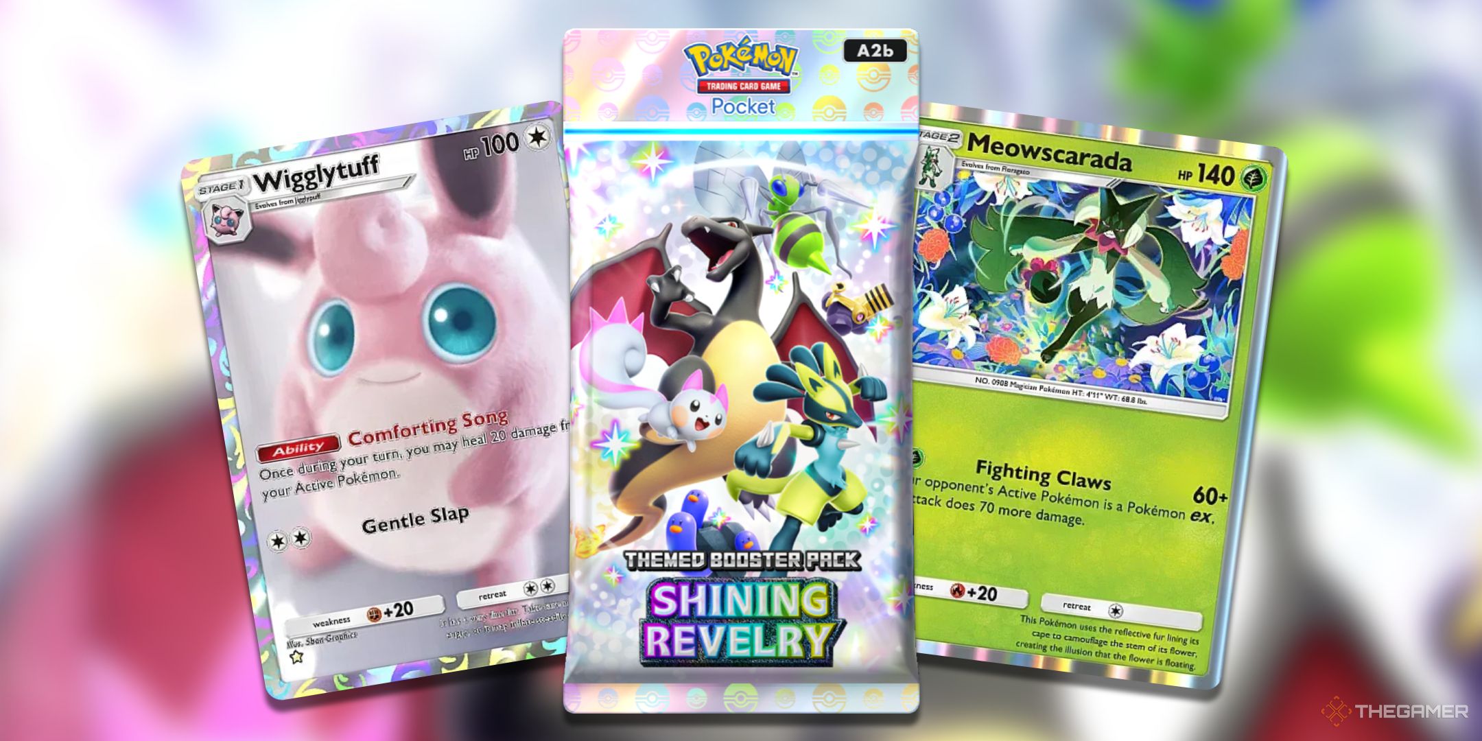 A pack of Pokemon TCG Pocket Shining Revelry surrounded by the weird looking Wigglytuff and Meowscarada.