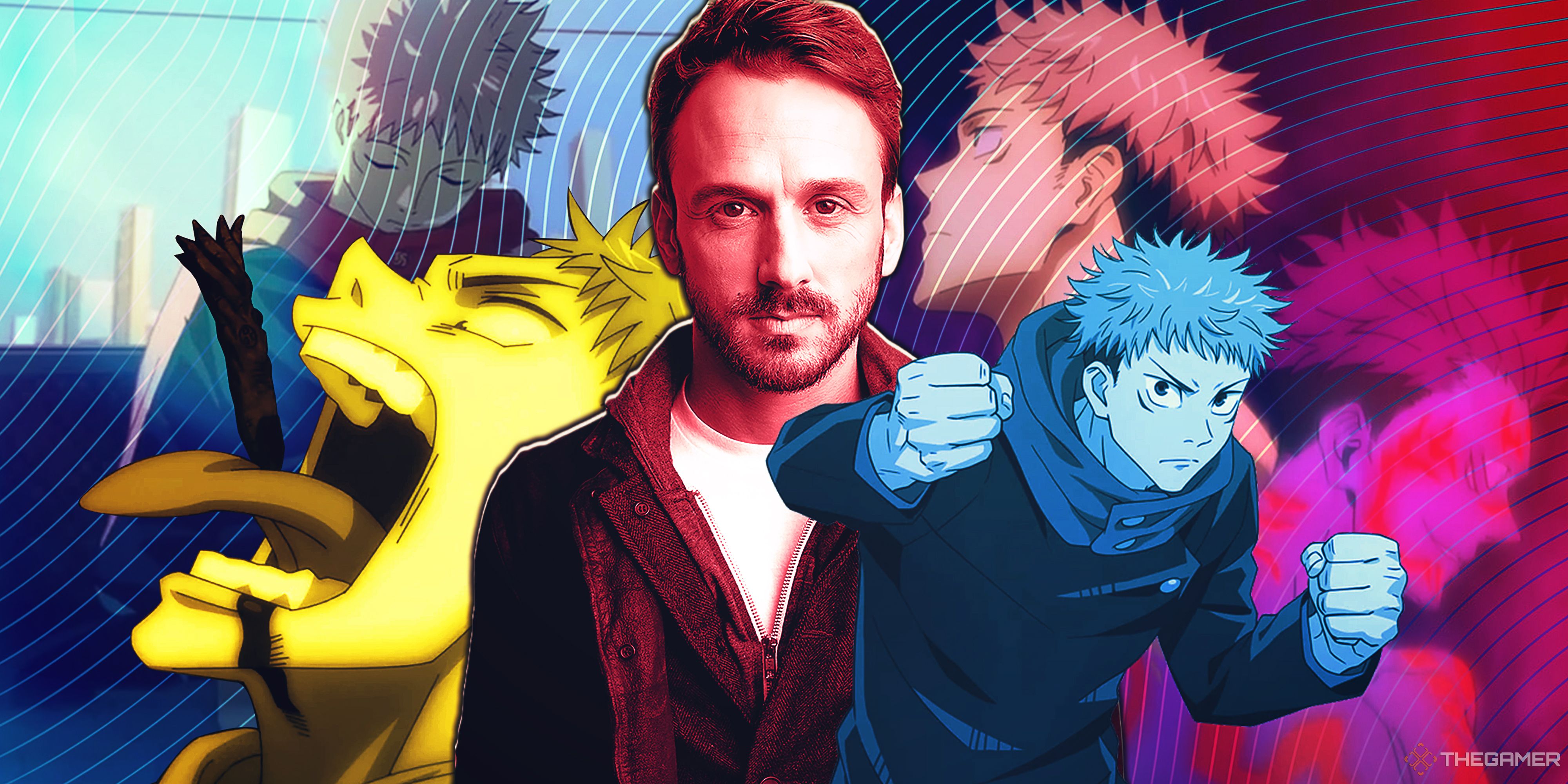 A photo of voice actor Adam McArthur with several shots of his character Yuji Itadori from Jujutsu Kaisen in multiple colors.