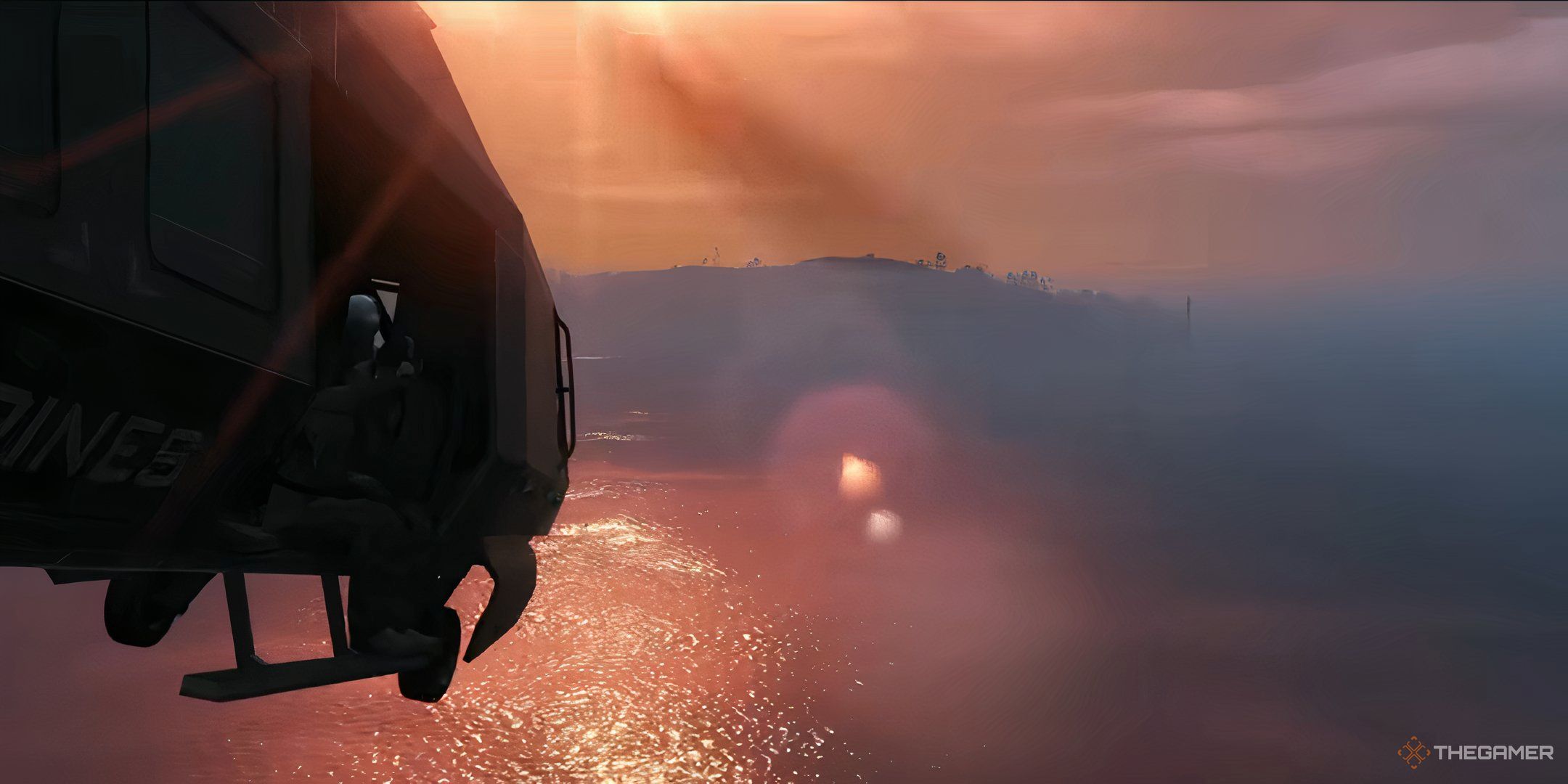 A screenshot from GTA Online, showing a helicopter headed towards Cayo Perico.