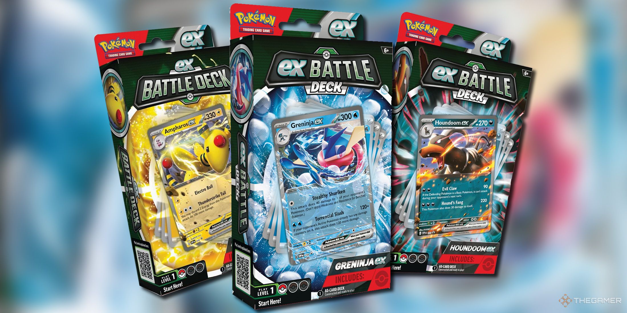 Ampharos ex battle deck, Greninja ex battle deck and Houndoom ex battle deck from Pokemon TCG.