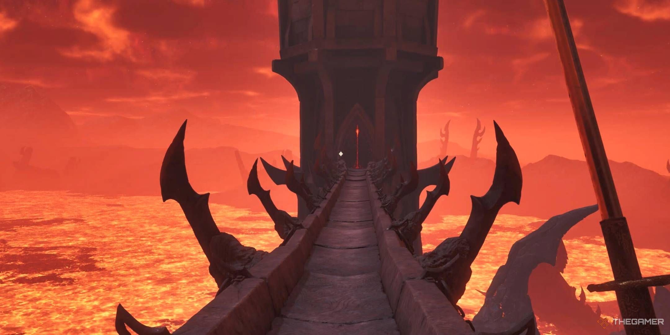 Approaching the main tower in the first Oblivion Plane in Oblivion Remastered.