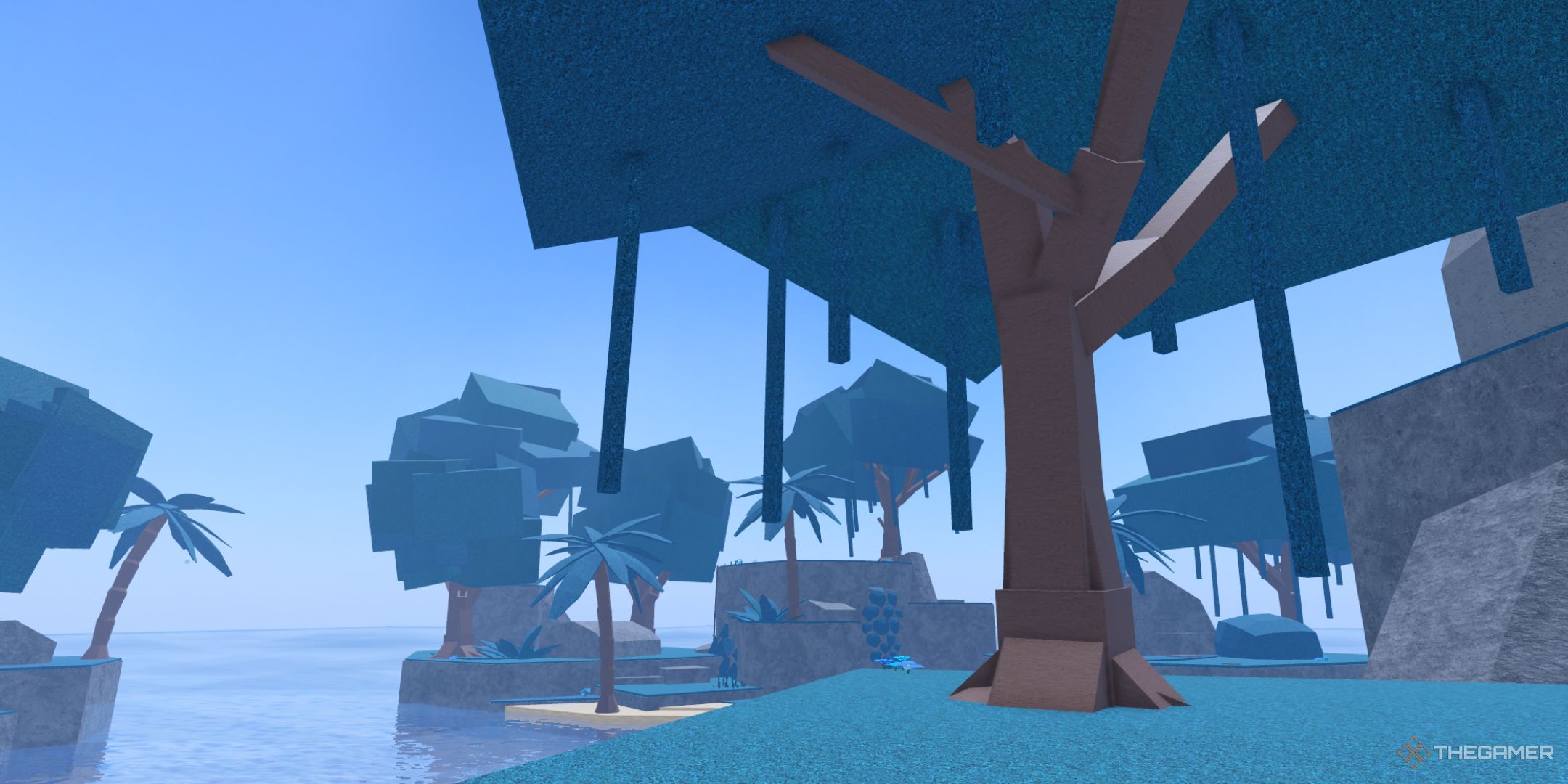 The player character shows the Azure Lagoon island in Fisch.