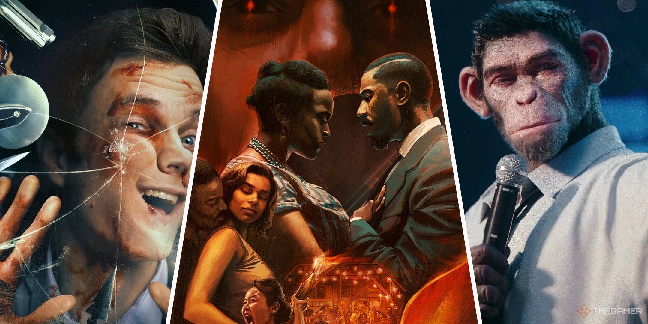 Best Genre-Bending Movies Feature Image with art from Novocaine, Sinners, and Robbie Williams as a CGI ape in Better Man.