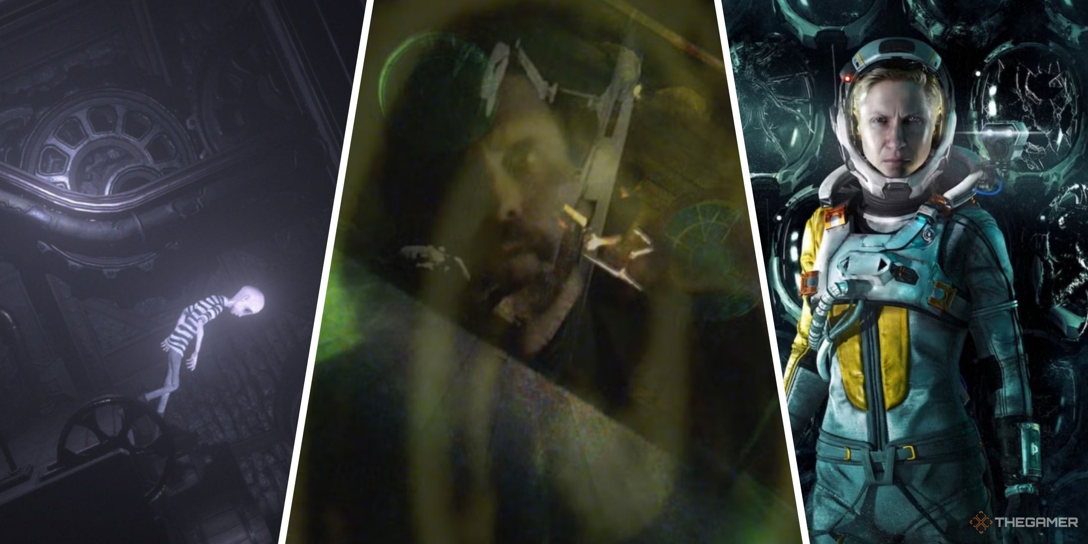 Three-image collage of moments from the video games Darq, Alan Wake 2, and Returnal.
