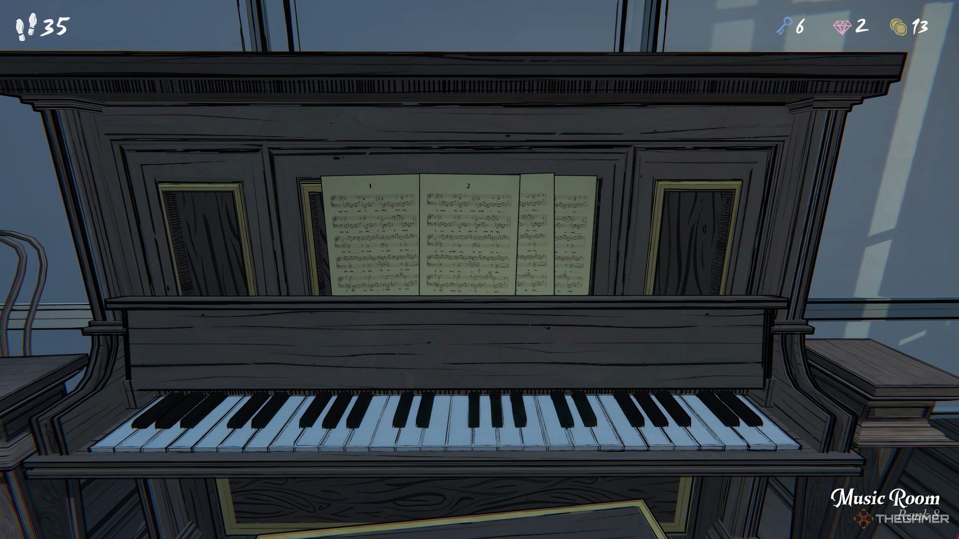 The Piano In The Music Room With Music Sheets In Blue Prince.