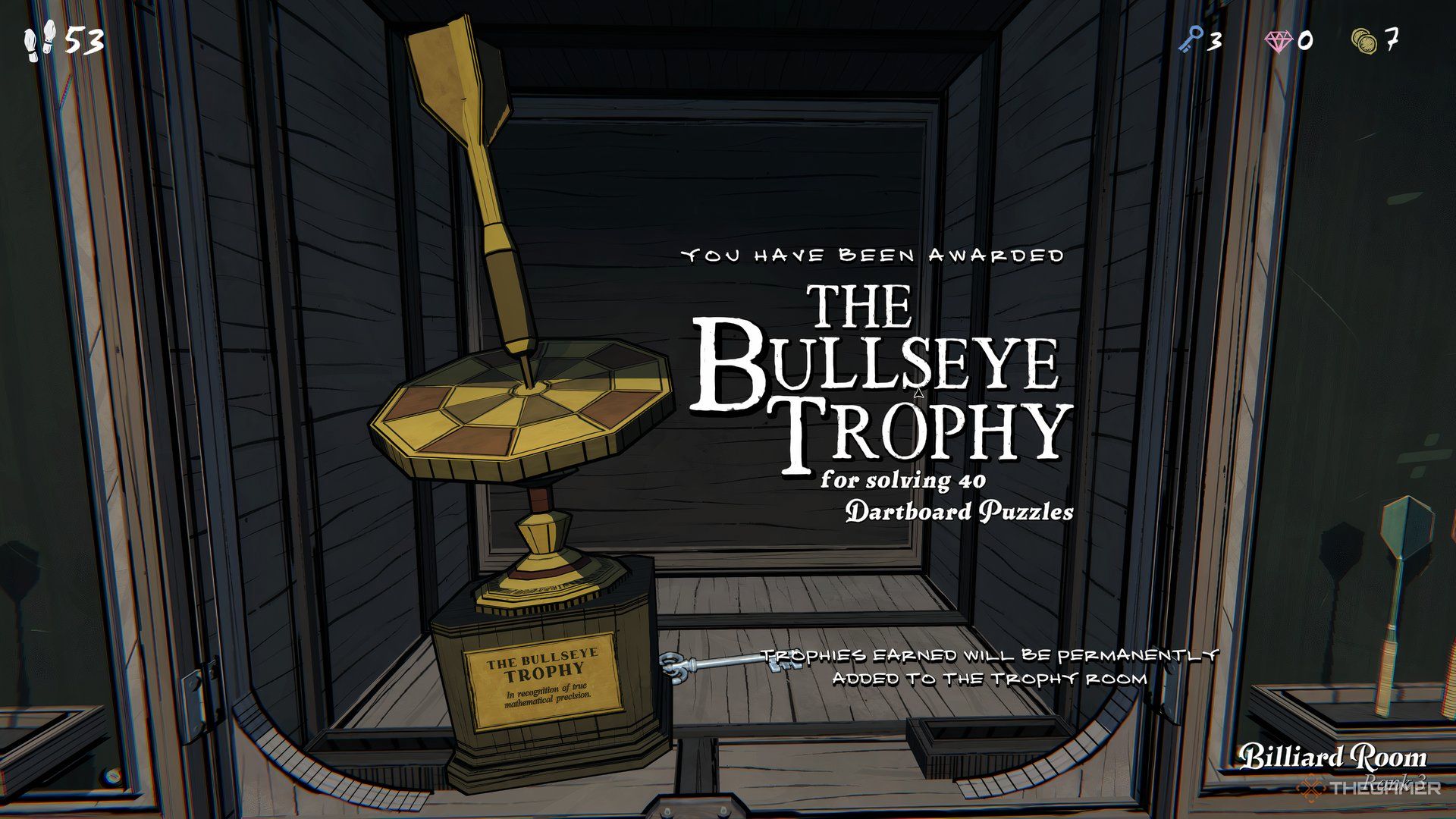 The Bullseye Trophy For Solving 40 Dartboard Puzzles In Blue Prince.