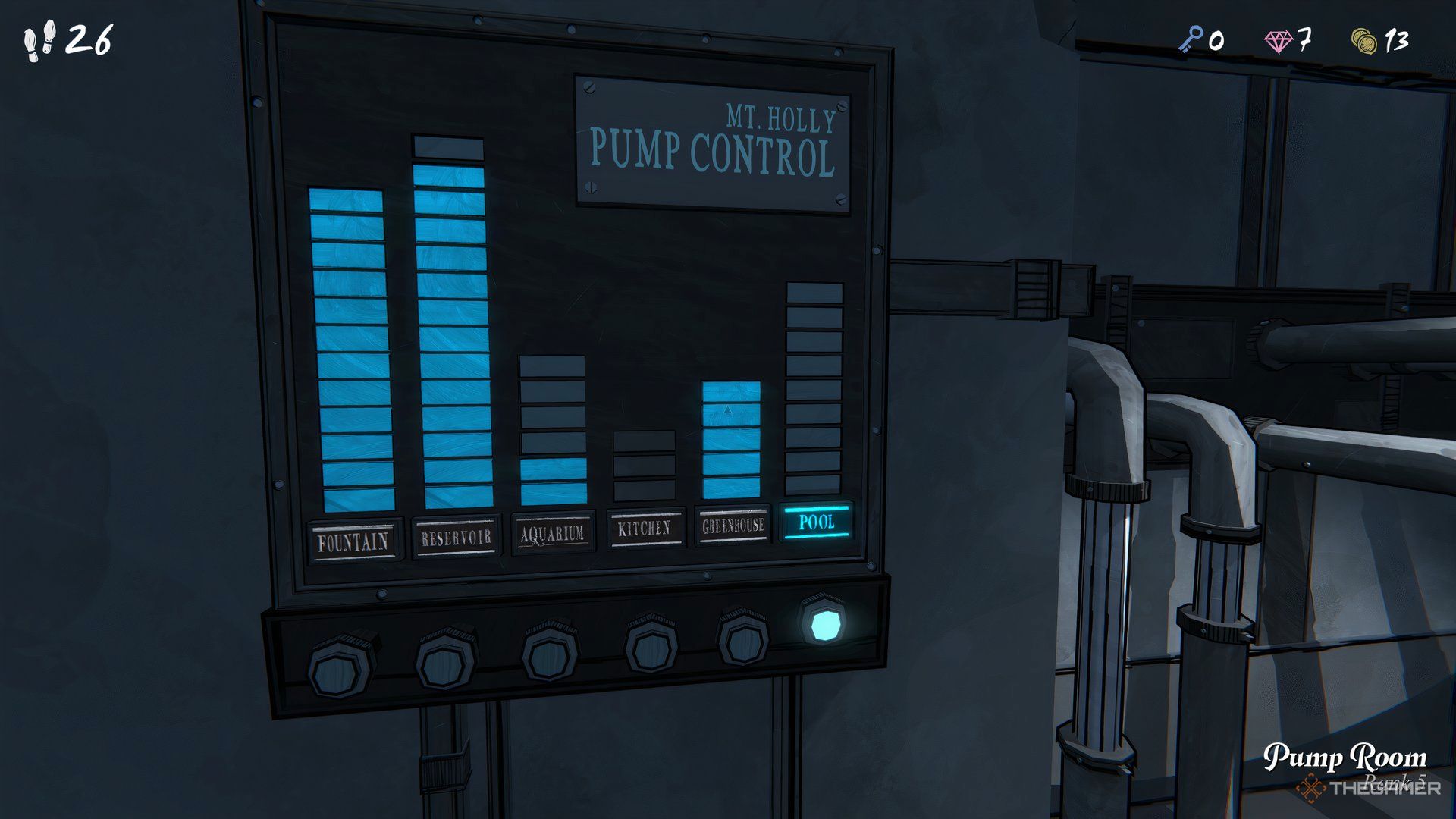 The Pump Control Panel With Pool Button Pressed In Blue Prince.