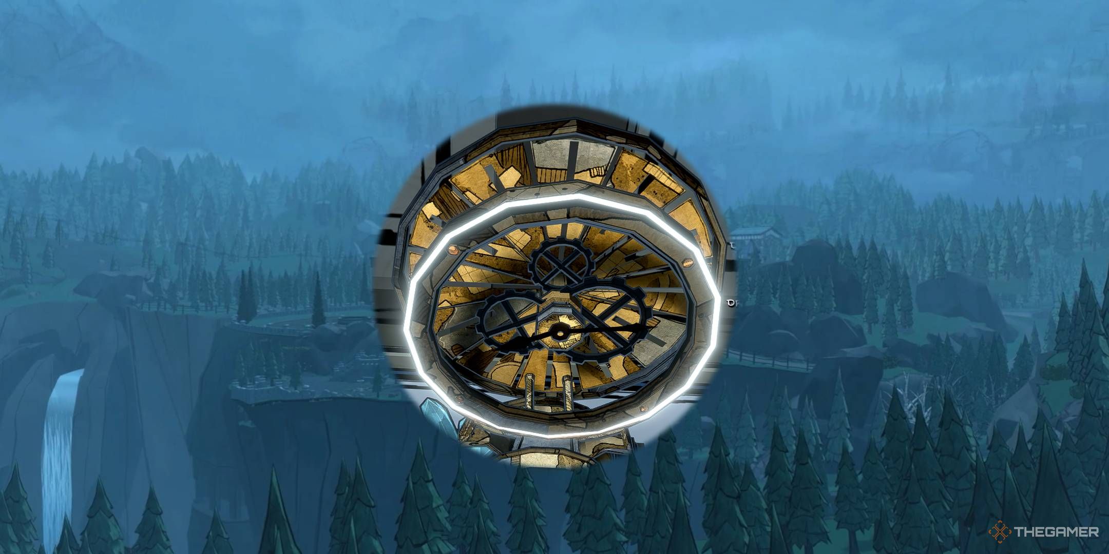 Chronograph item over Blue Prince landscape.