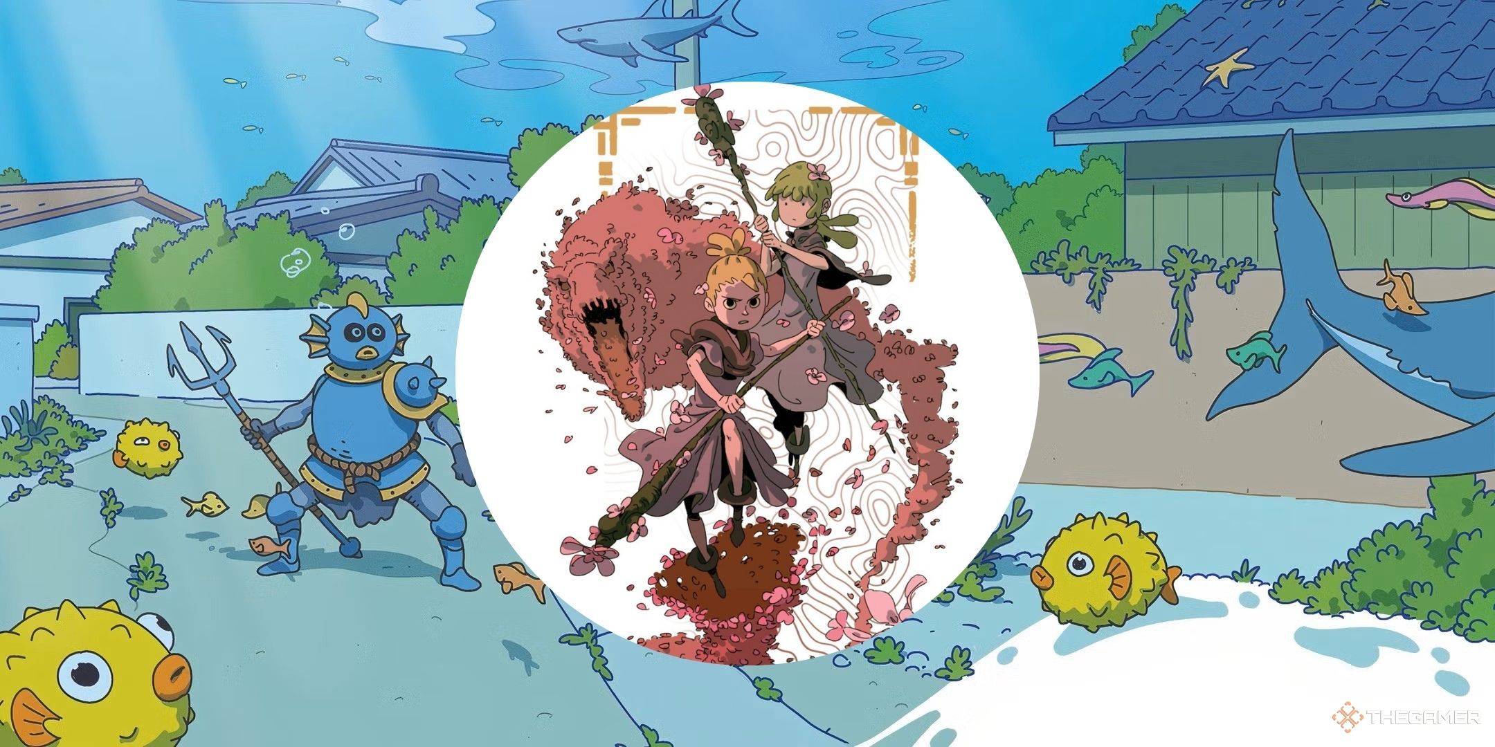 Obojima Tales from the Tall Grass image showing a circle of the petal druid with a small town background..
