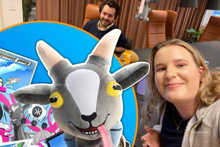 Coffee Stain North producer Olivia Follin and creative Director Santiago Ferrero with Goat Sim merch in the foreground.
