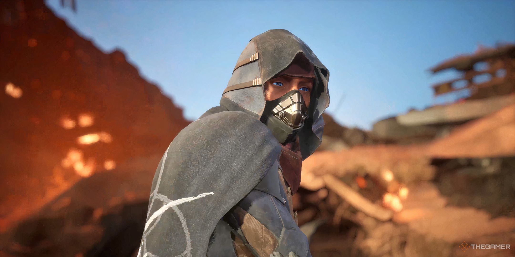 A character in a Stillsuit fighting near a shipwreck in Dune: Awakening. 