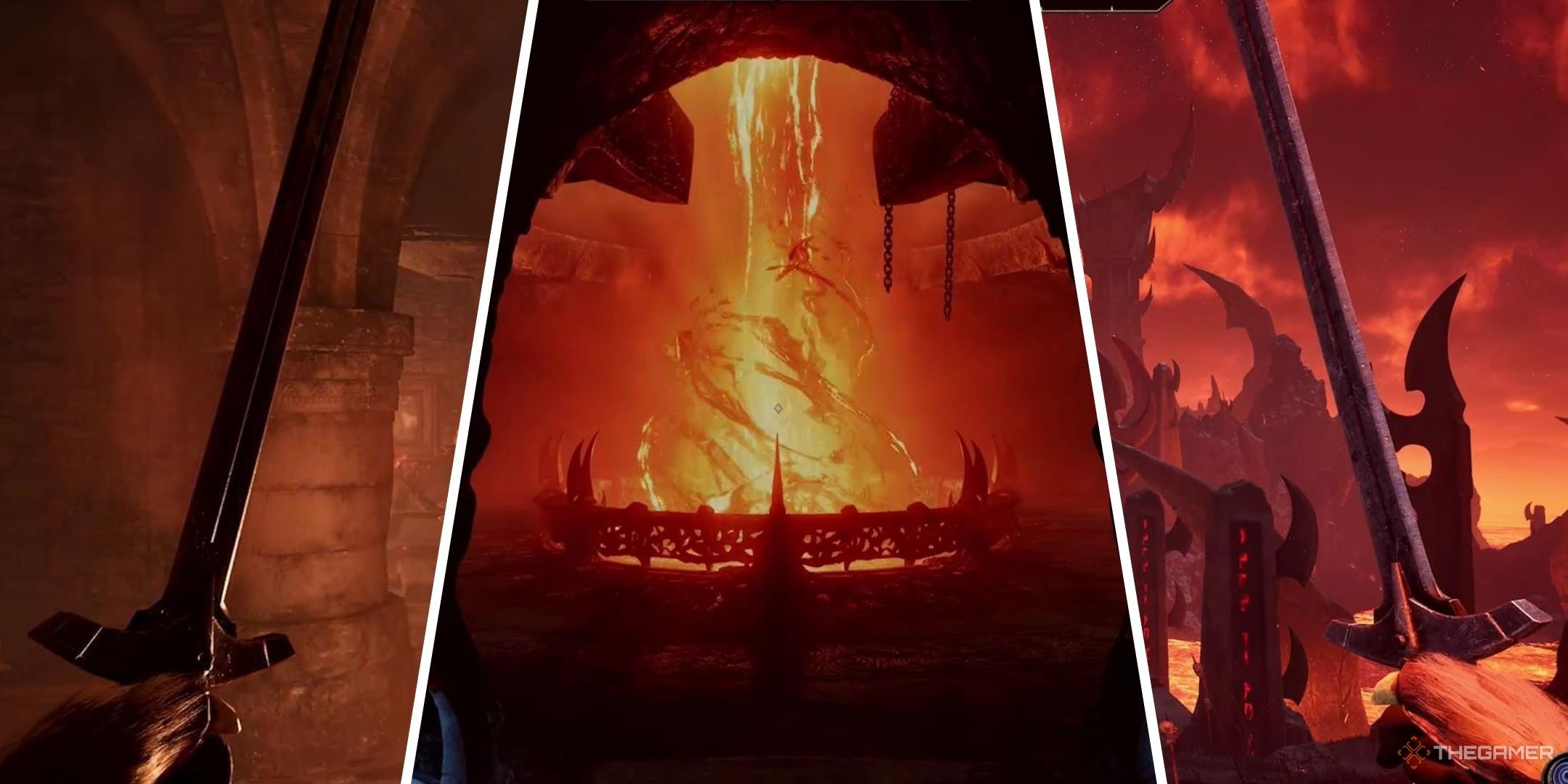 A pillar of fire rises in the center, while a sword sits on either side of the center in Oblivion Remastered.