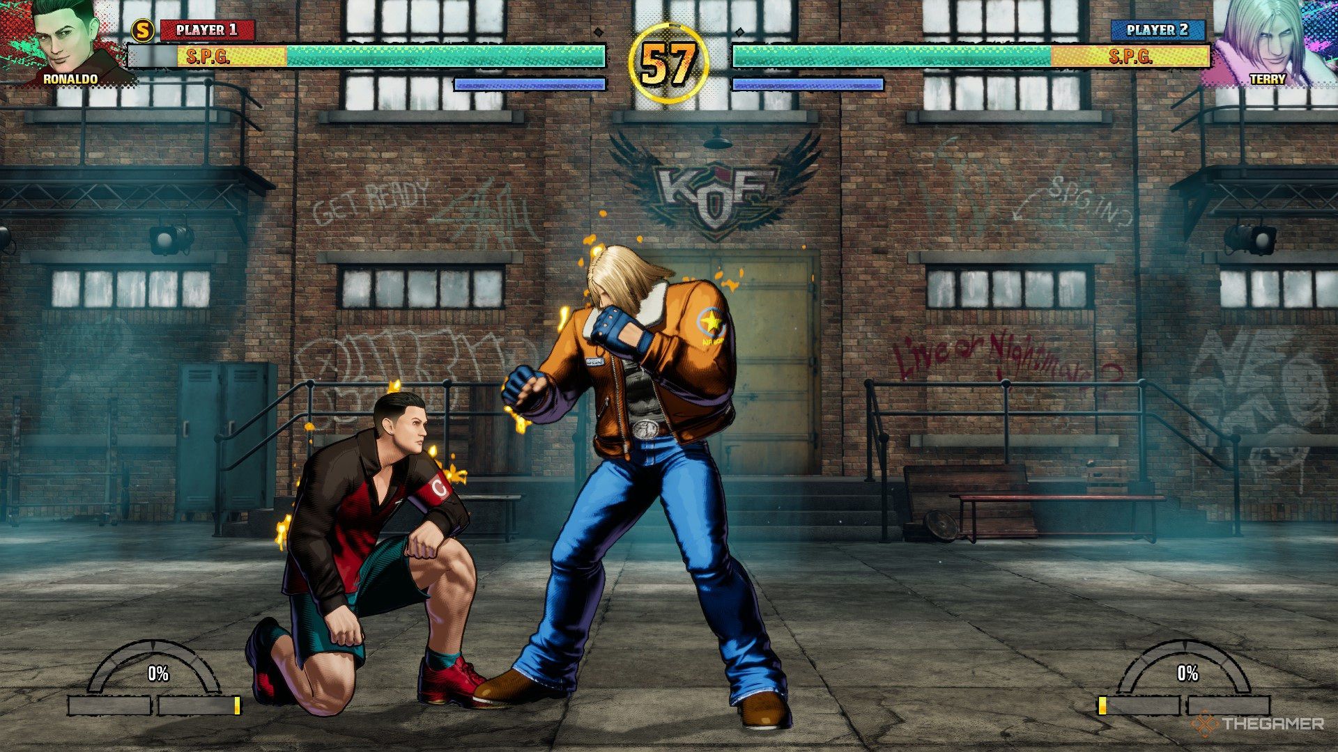 Cristiano Ronaldo crouches while fighting Terry Bogard in Fatal Fury City of the Wolves.