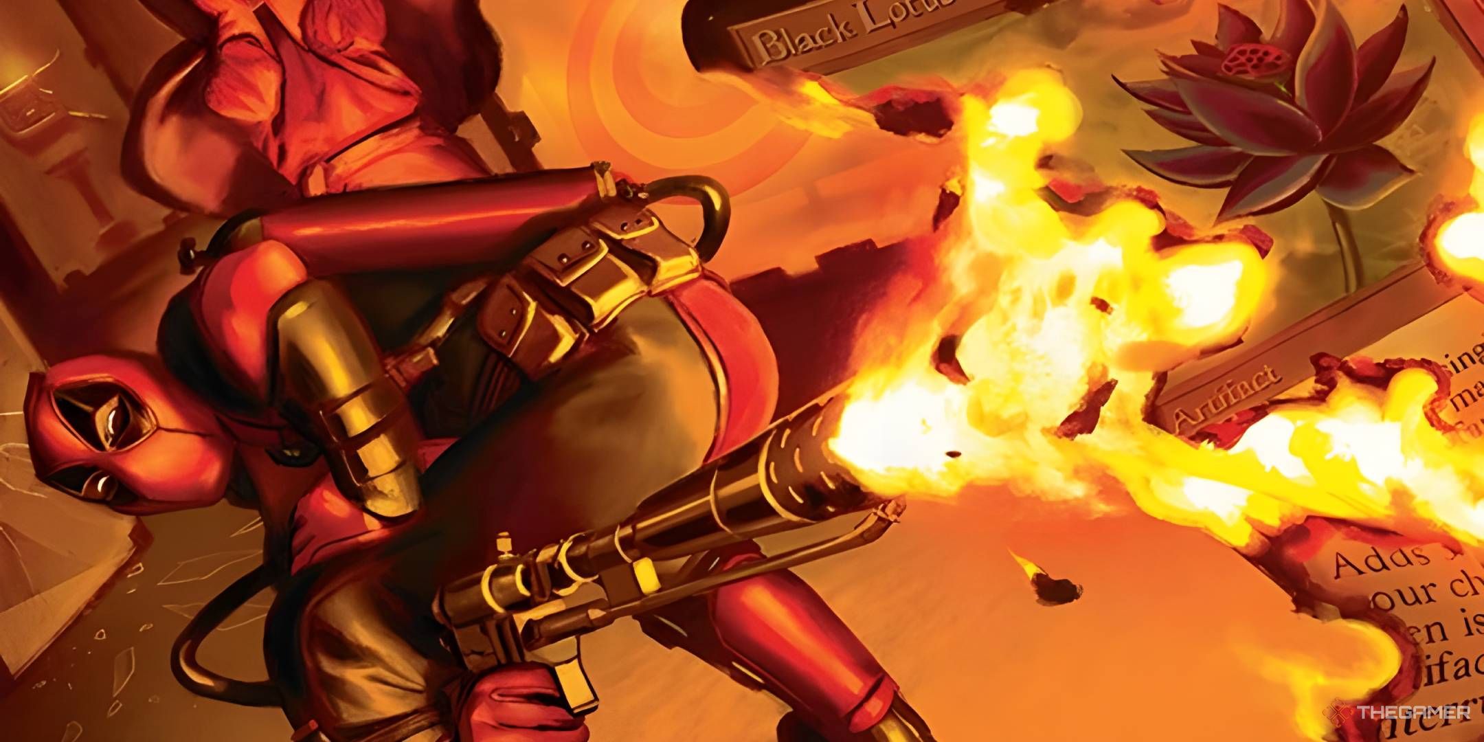 Deadpool uses a flamethrower to mime a flaming fart that's burning a Black Lotus.