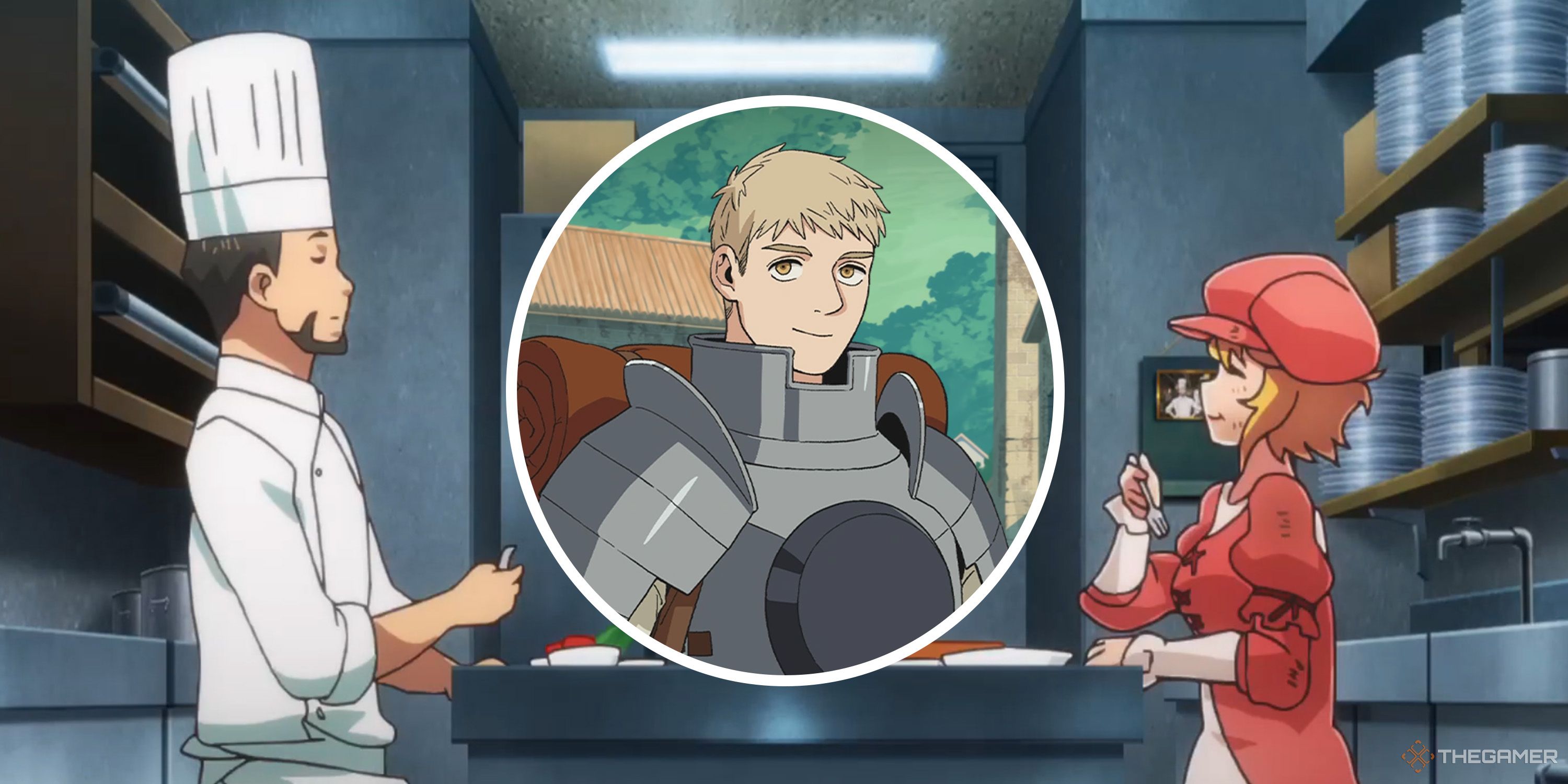 A circle image of Laois from Delicious in Dungeon on a background from Restaurant to Another World.