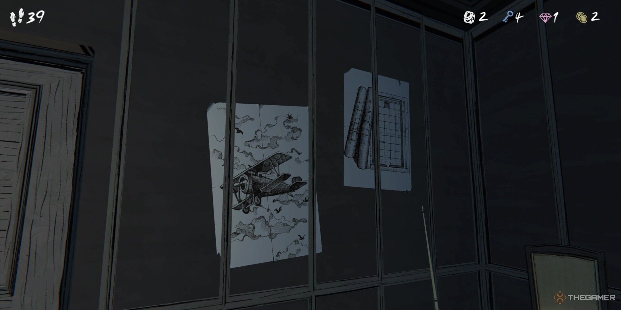 A pair of drawings in Blue Prince's Billiards room.