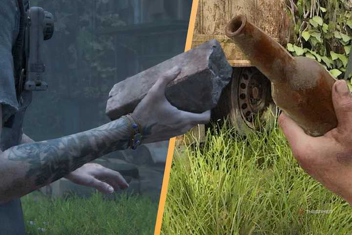 ellie holding a brick in the last of us part 2, and someone holding a bottle in the last of us.