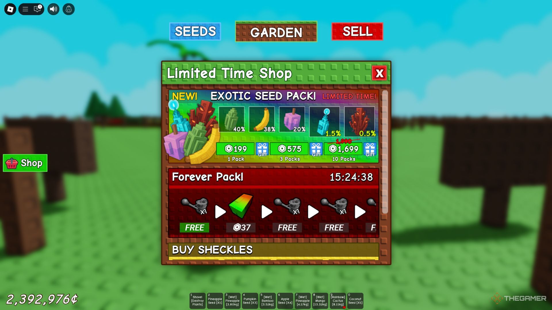The player character shows the Exotic Seed pack in the in-game store in Grow A Garden.