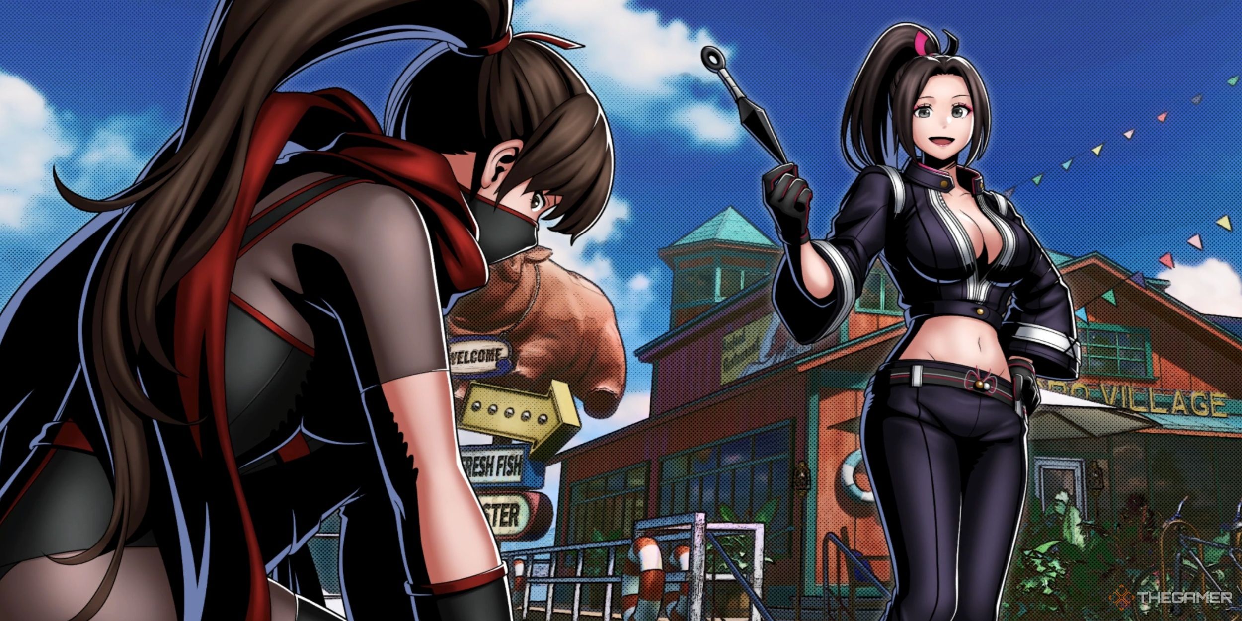 Mai consoling a rival ninja after defeating her in battle during her Episodes of South Town adventure in Fatal Fury: City of the Wolves.