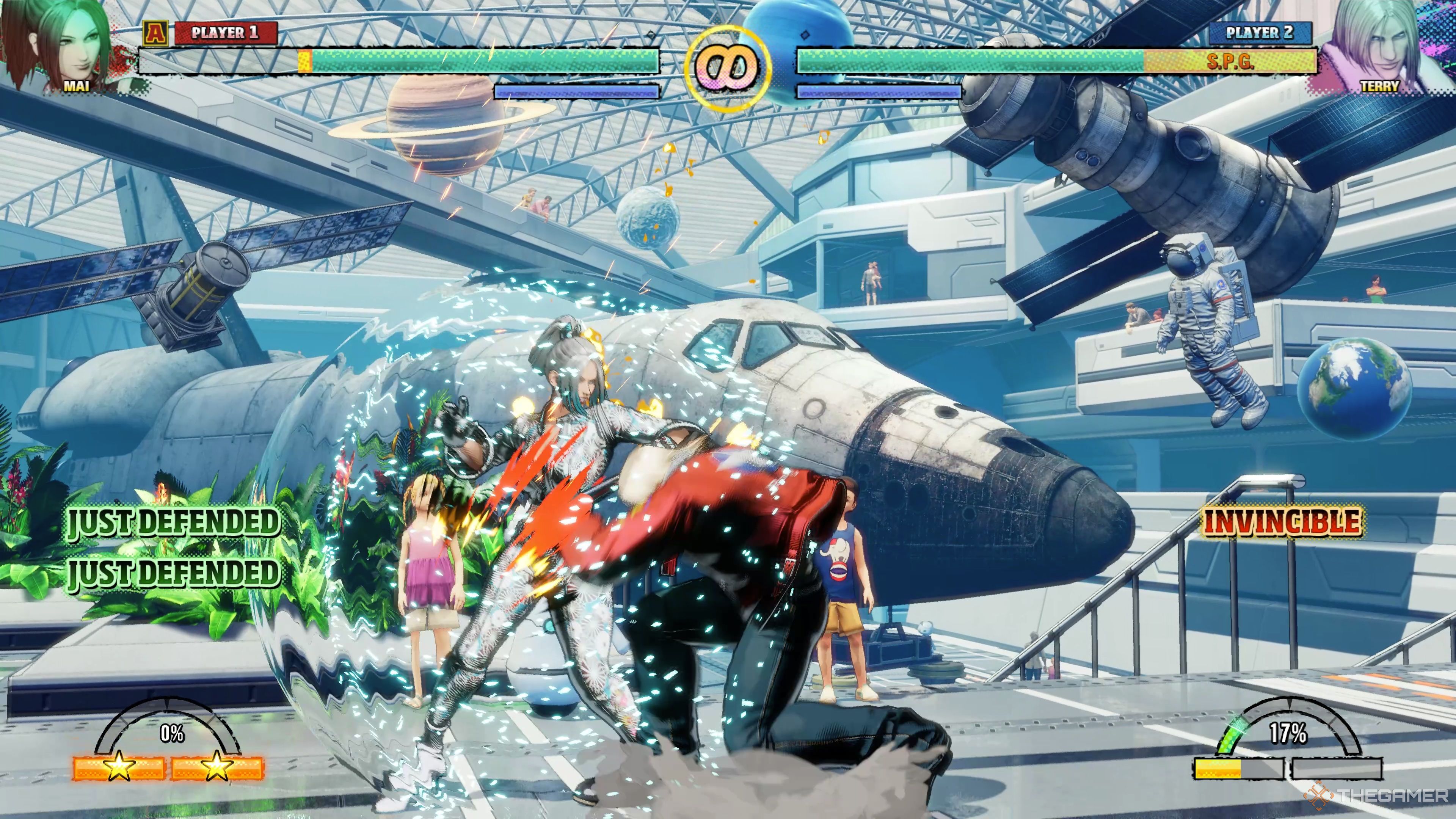 Mai Just Defending both hits of Terry's uppercut in Fatal Fury: City of the Wolves.