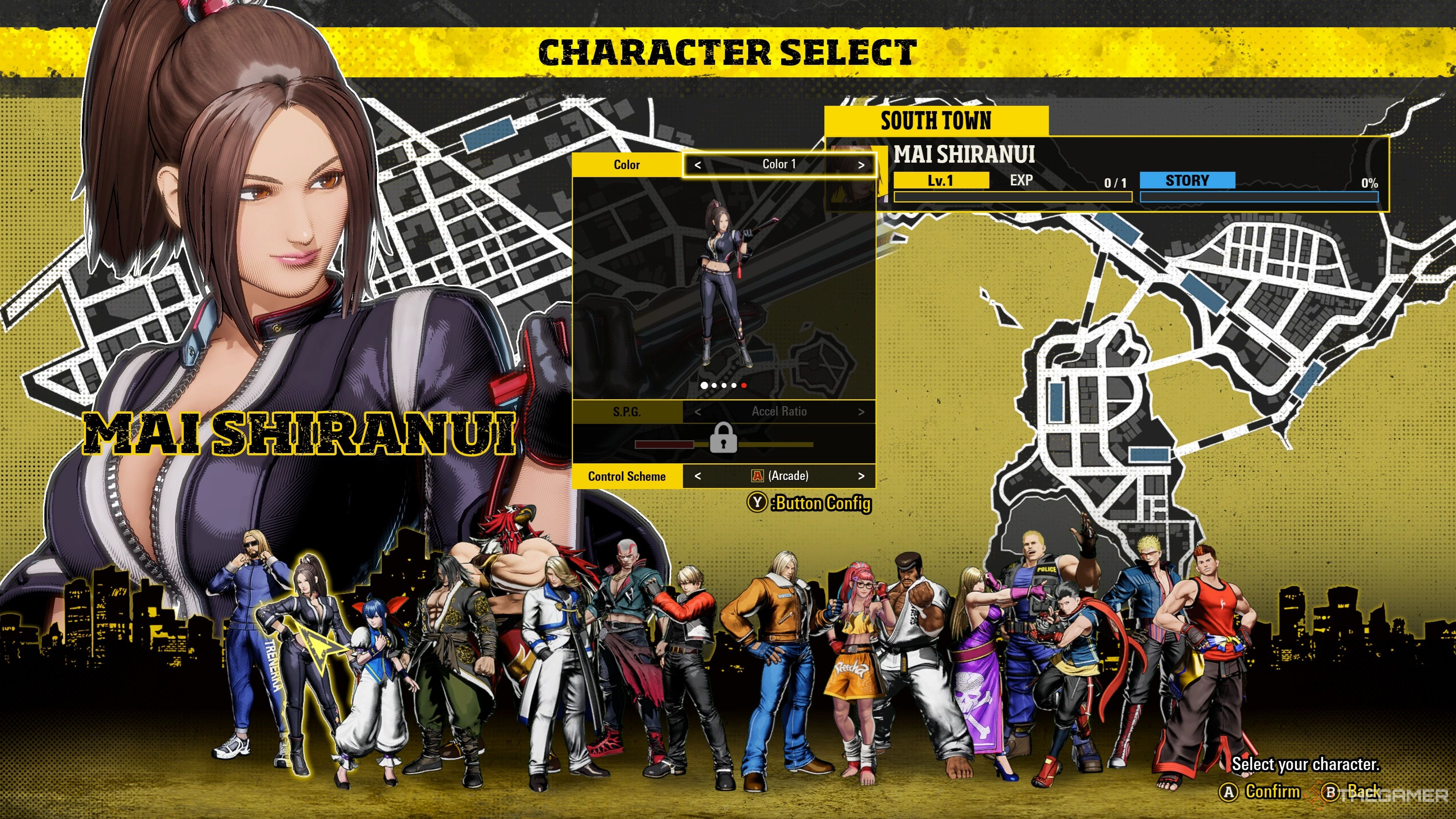 Selecting Mai Shiranui for the Episodes of South Town mode in Fatal Fury: City of the Wolves.
