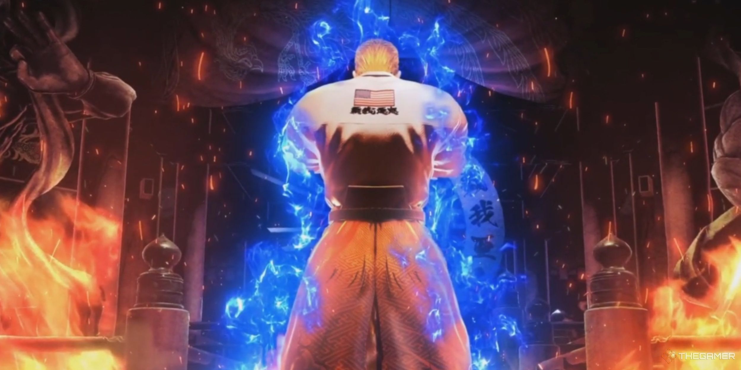 Nightmare Geese facing away from the camera with his arms crossed with a strange, blue aura forming around himself, as he stands in the center of Geese Tower in Fatal Fury: City of the Wolves.