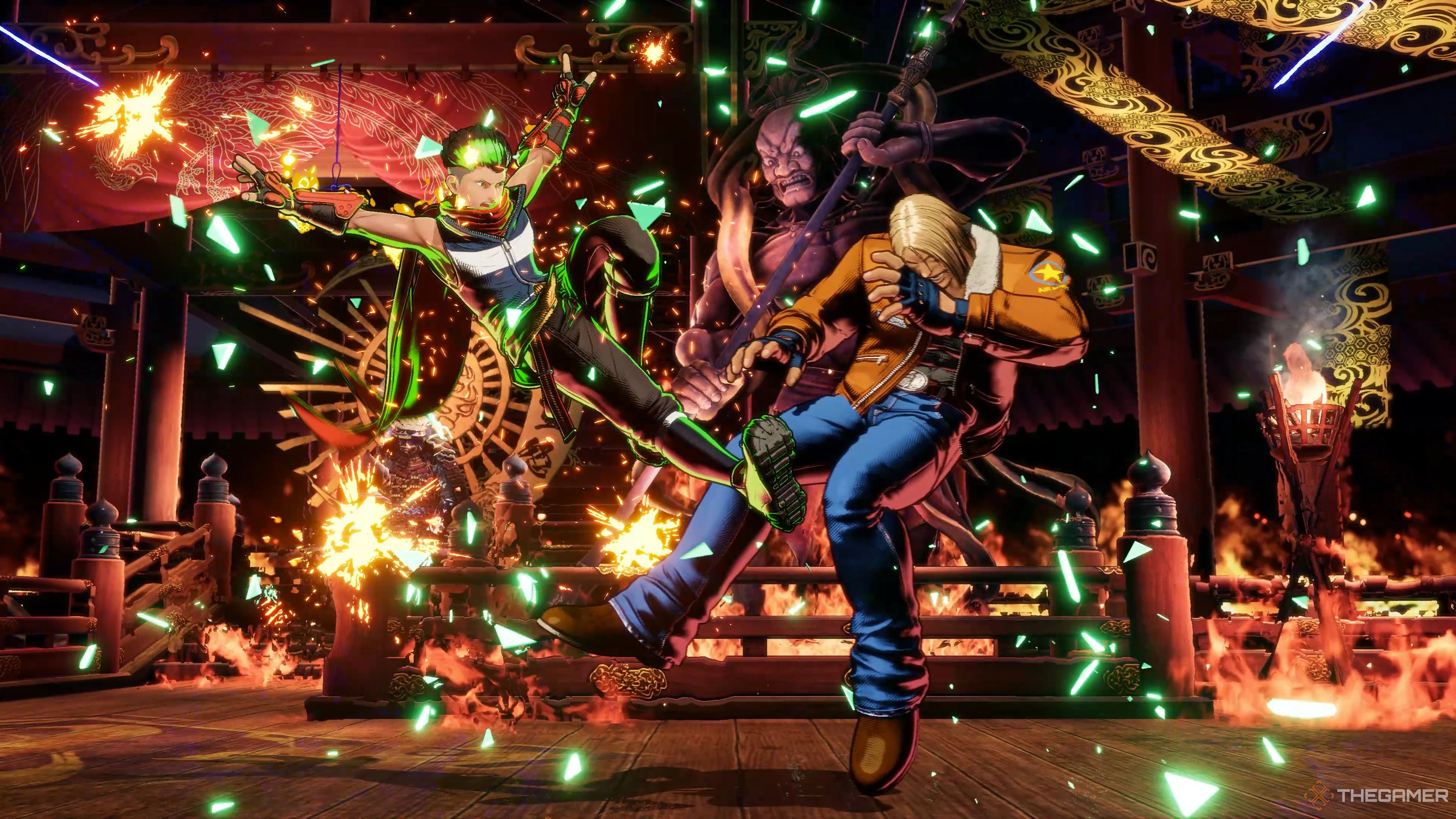 Hokutomaru landing his Ninpo Bakuen Kick REV Blow on Terry Bogard in Fatal Fury: City of the Wolves.