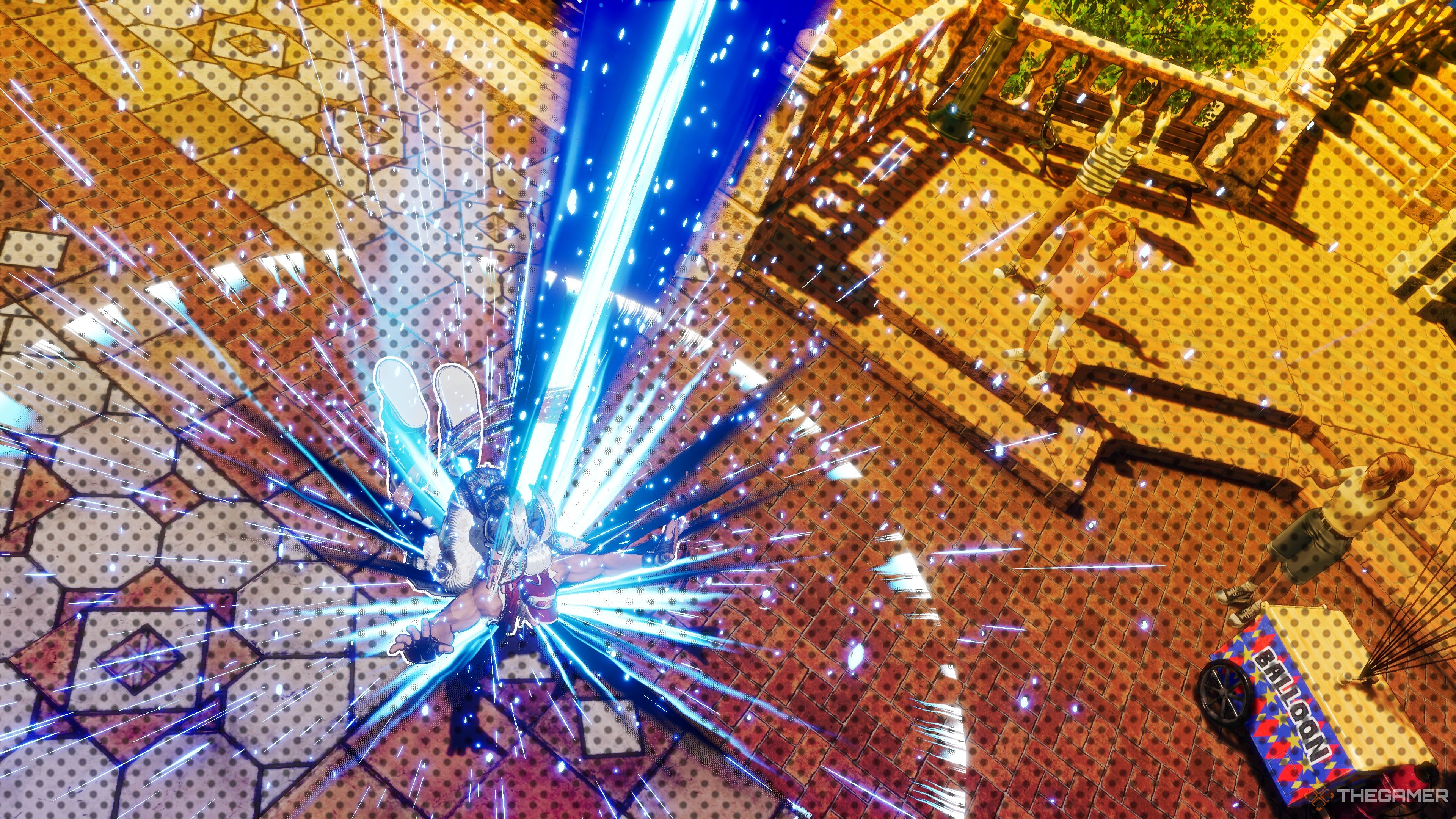 Hotaru Futaba landing her Hidden Gear on Terry Bogard, sending a devastating burst of energy into his back at point blank range in Fatal Fury: City of the Wolves.