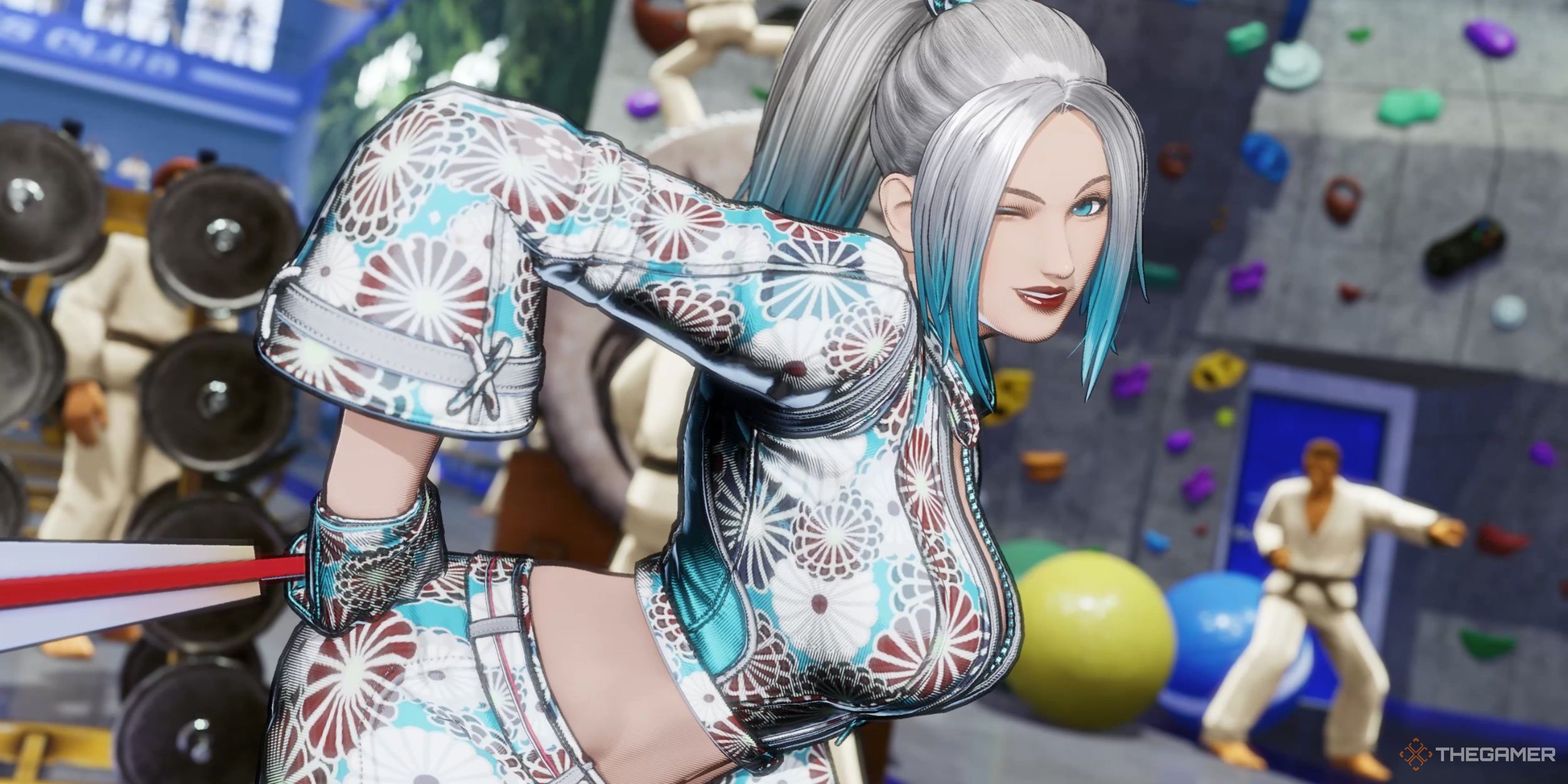 Mai posing after a hard fought victory in a unique Design Pattern and color scheme in Fatal Fury: City of the Wolves.