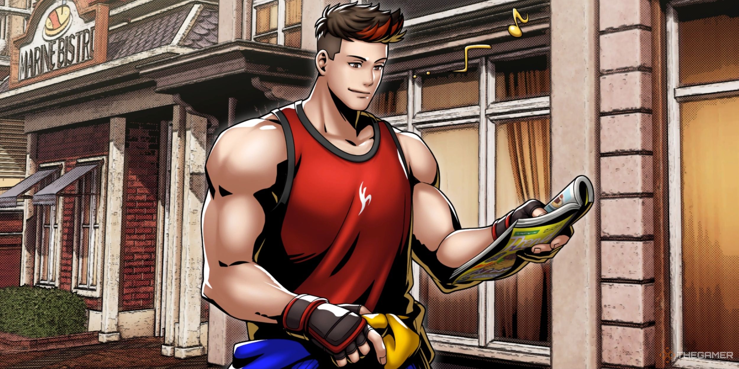 Kim Dong Hwan walking through the streets of South Town while reading a magazine in Fatal Fury: City of the Wolves.