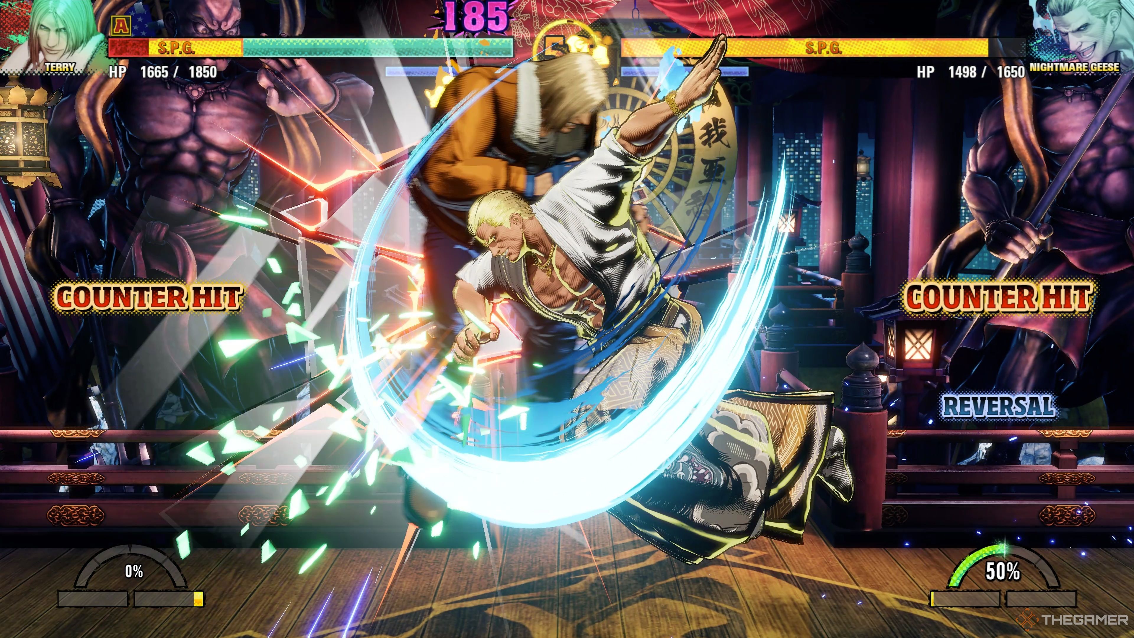 Nightmare Geese landing a devastating Hishou Nichirin Zan on Terry Bogard in Fatal Fury: City of the Wolves.