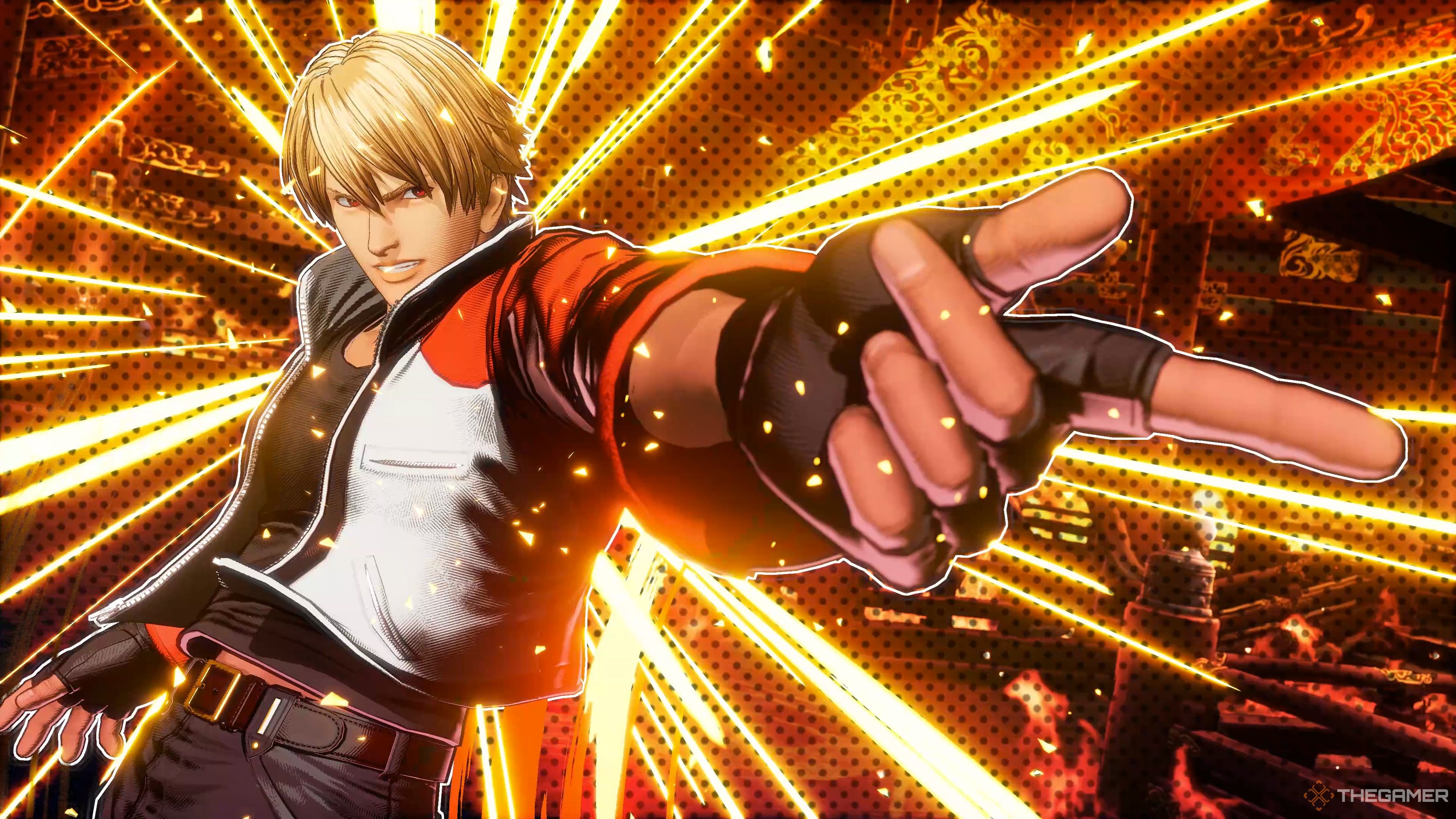 Rock Howard executing his Power Geyser - Type: R Hidden Gear on Terry Bogard in Fatal Fury: City of the Wolves.