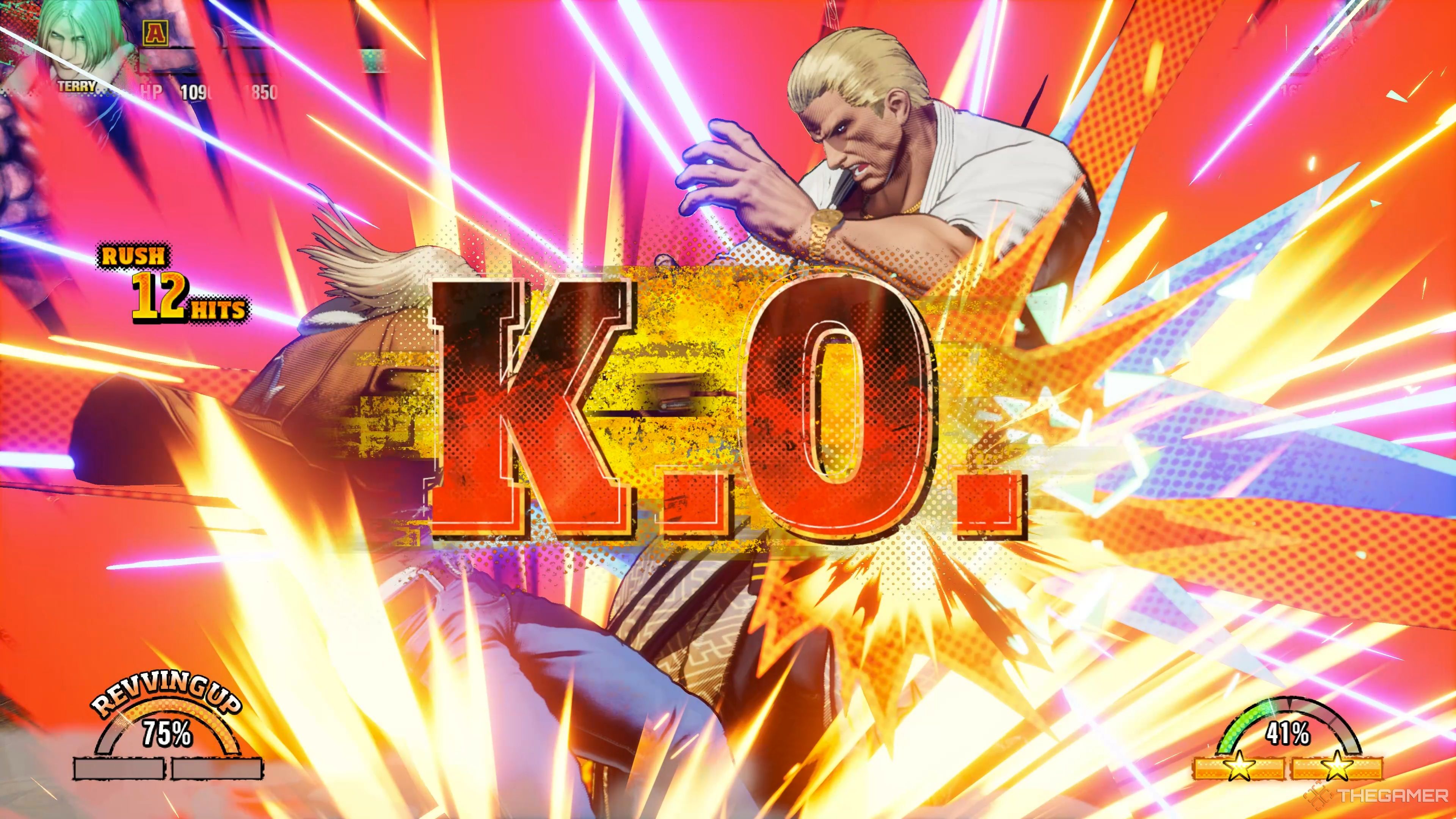 Terry Bogard landing a devastating Buster Wolf on Nightmare Geese, defeating him instantly in Fatal Fury: City of the Wolves.